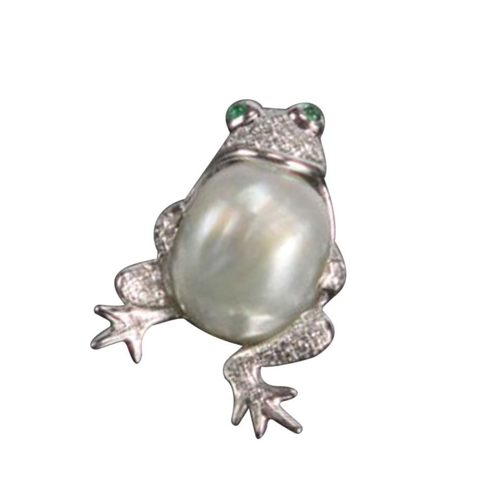 Simply Beautiful! Whimsical and Wonderful Vintage Mid Century Modern Finely detailed Hand crafted 14K White Gold Frog Pin Brooch. Hand set with a Sensational Large South Sea Pearl in Belly. Body Enhanced with Genuine Diamonds and Emeralds in the