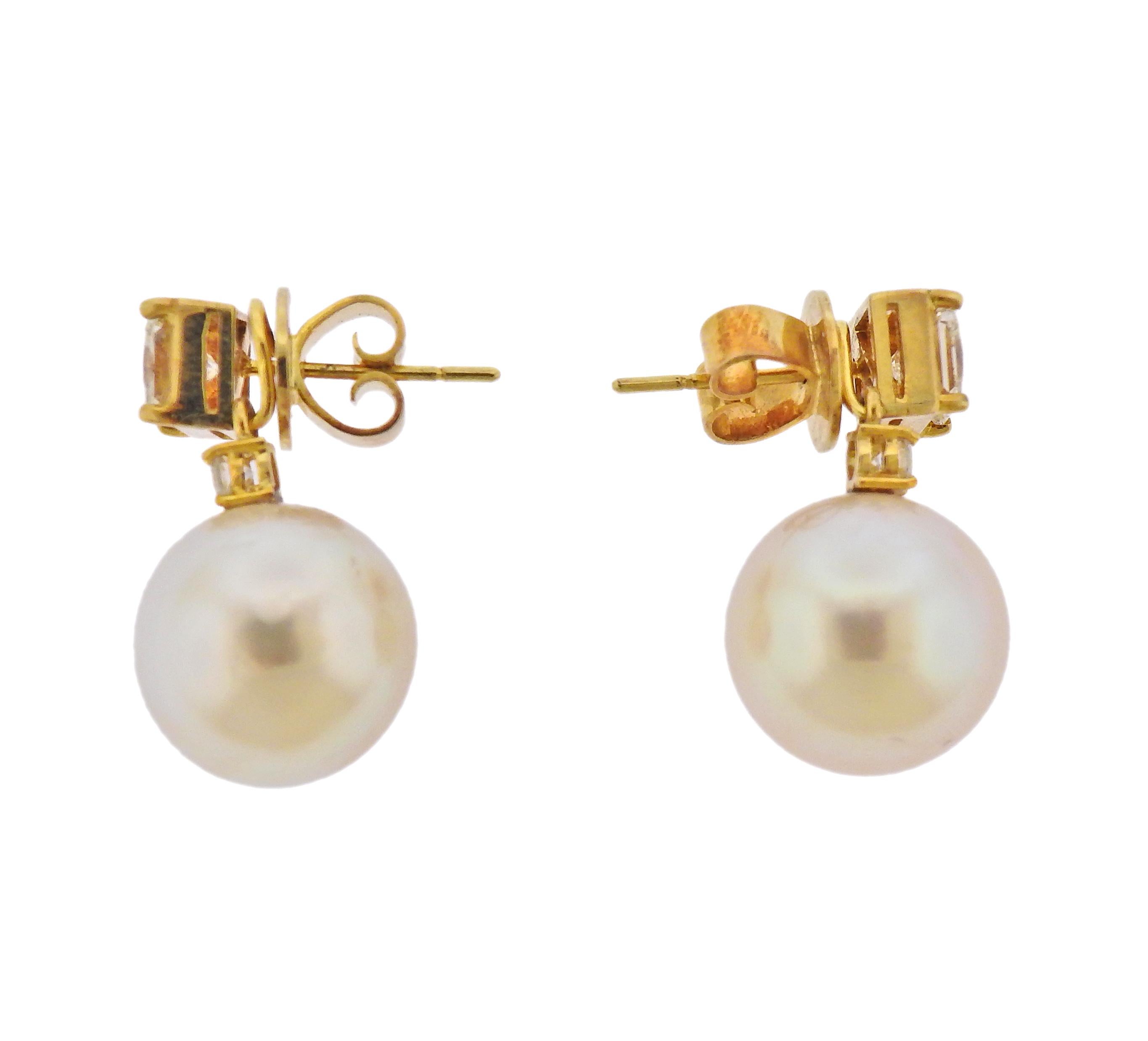 Round Cut South Sea Pearl Diamond Gold Night & Day Earrings For Sale