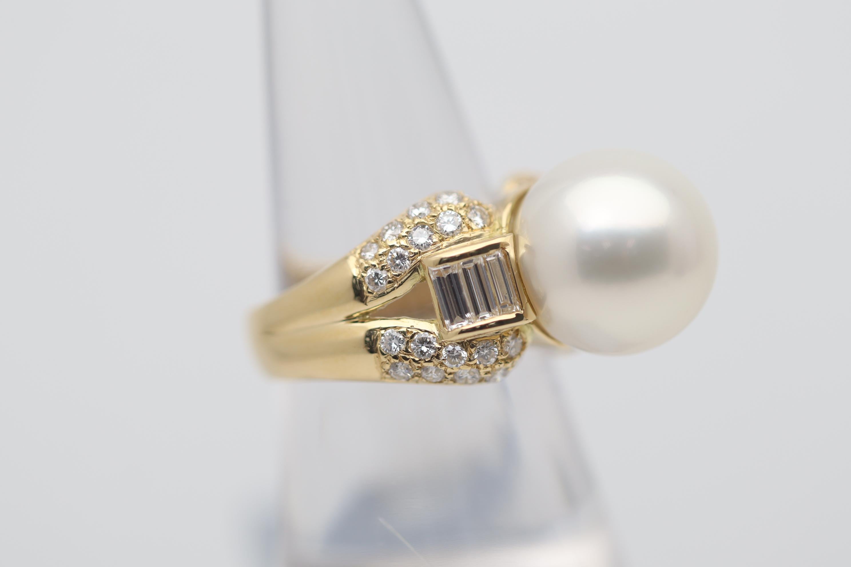 Baguette Cut South Sea Pearl Diamond Gold Ring For Sale