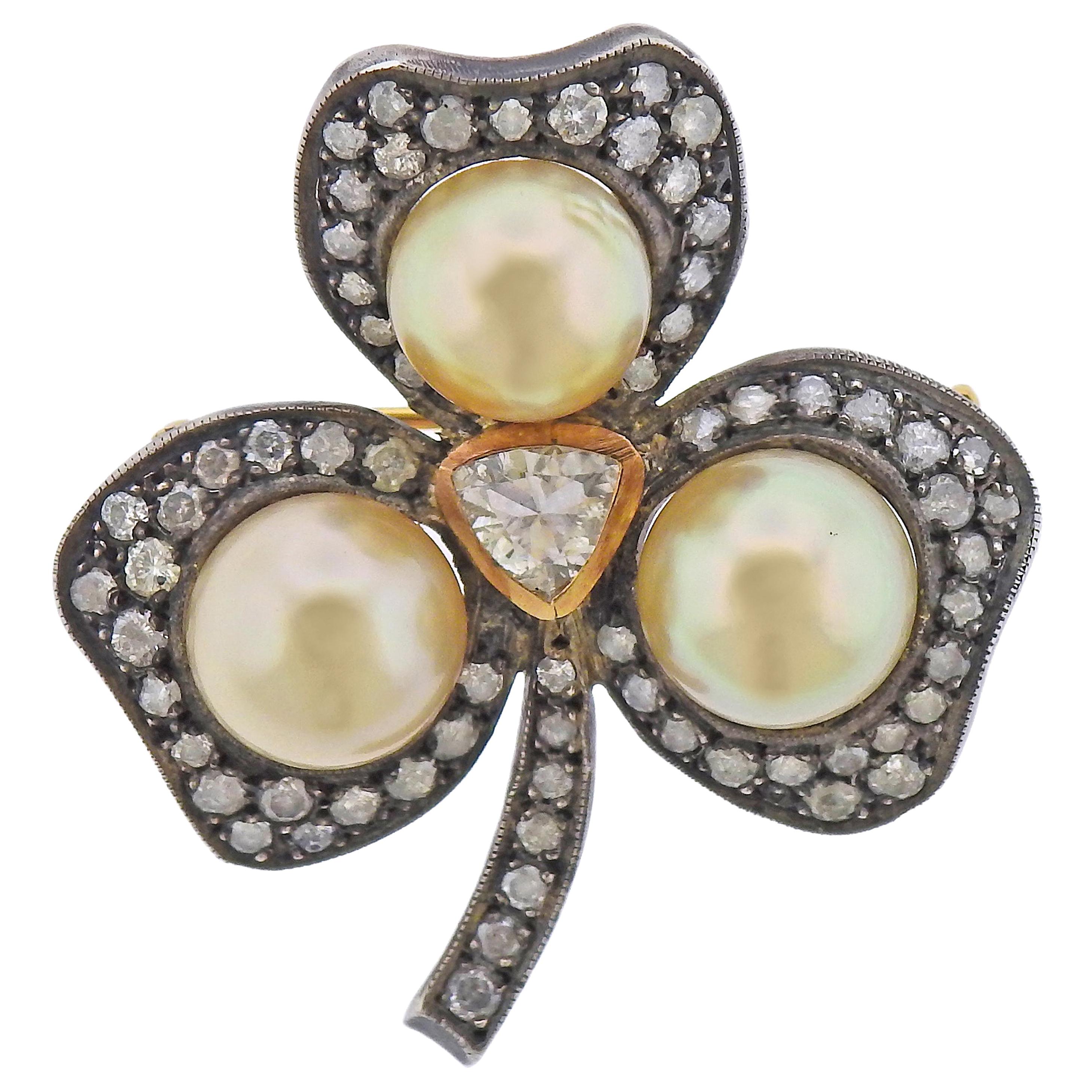 South Sea Pearl Diamond Gold Silver Shamrock Clover Brooch For Sale