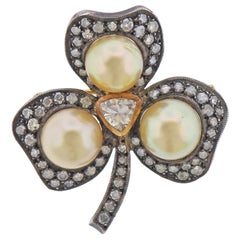 Vintage South Sea Pearl Diamond Gold Silver Shamrock Clover Brooch