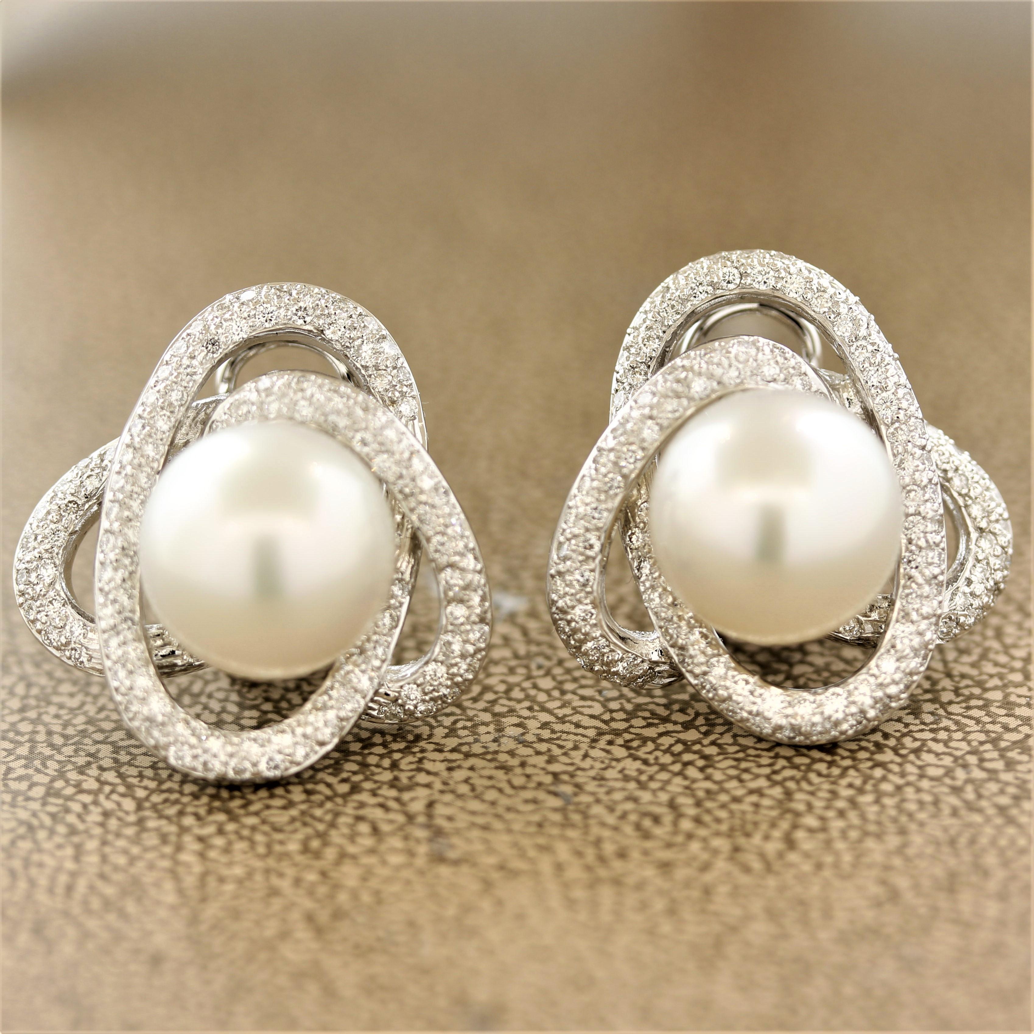 Women's South Sea Pearl Diamond Gold Spiral Earrings For Sale
