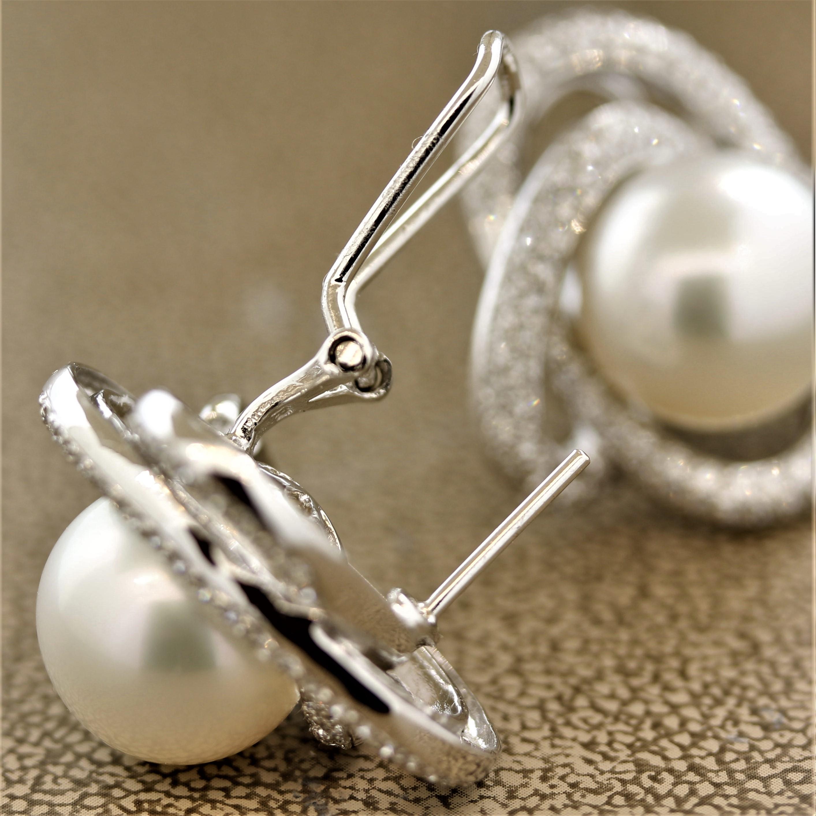 South Sea Pearl Diamond Gold Spiral Earrings For Sale 2