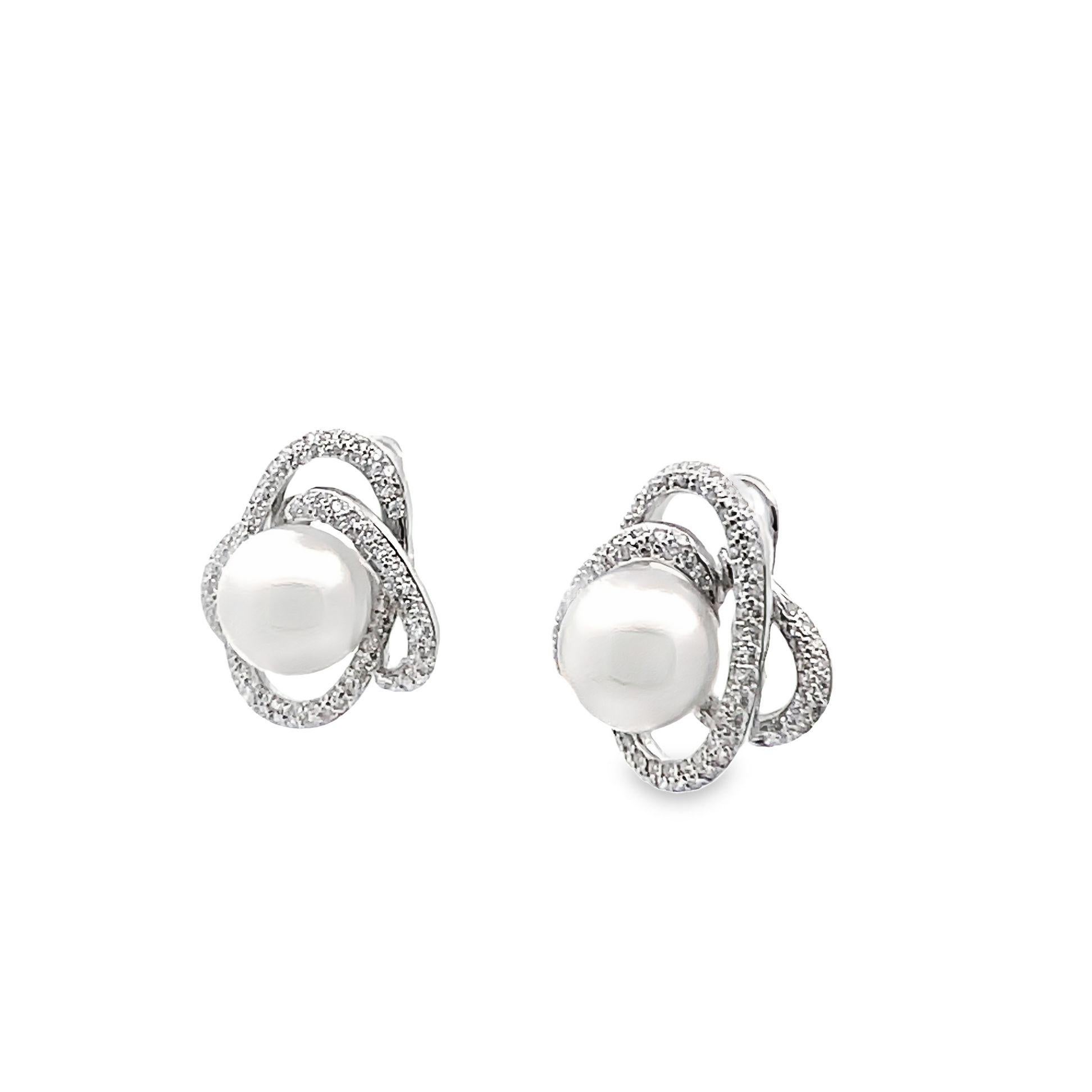 Round Cut South Sea Pearl Diamond Gold Spiral Earrings For Sale