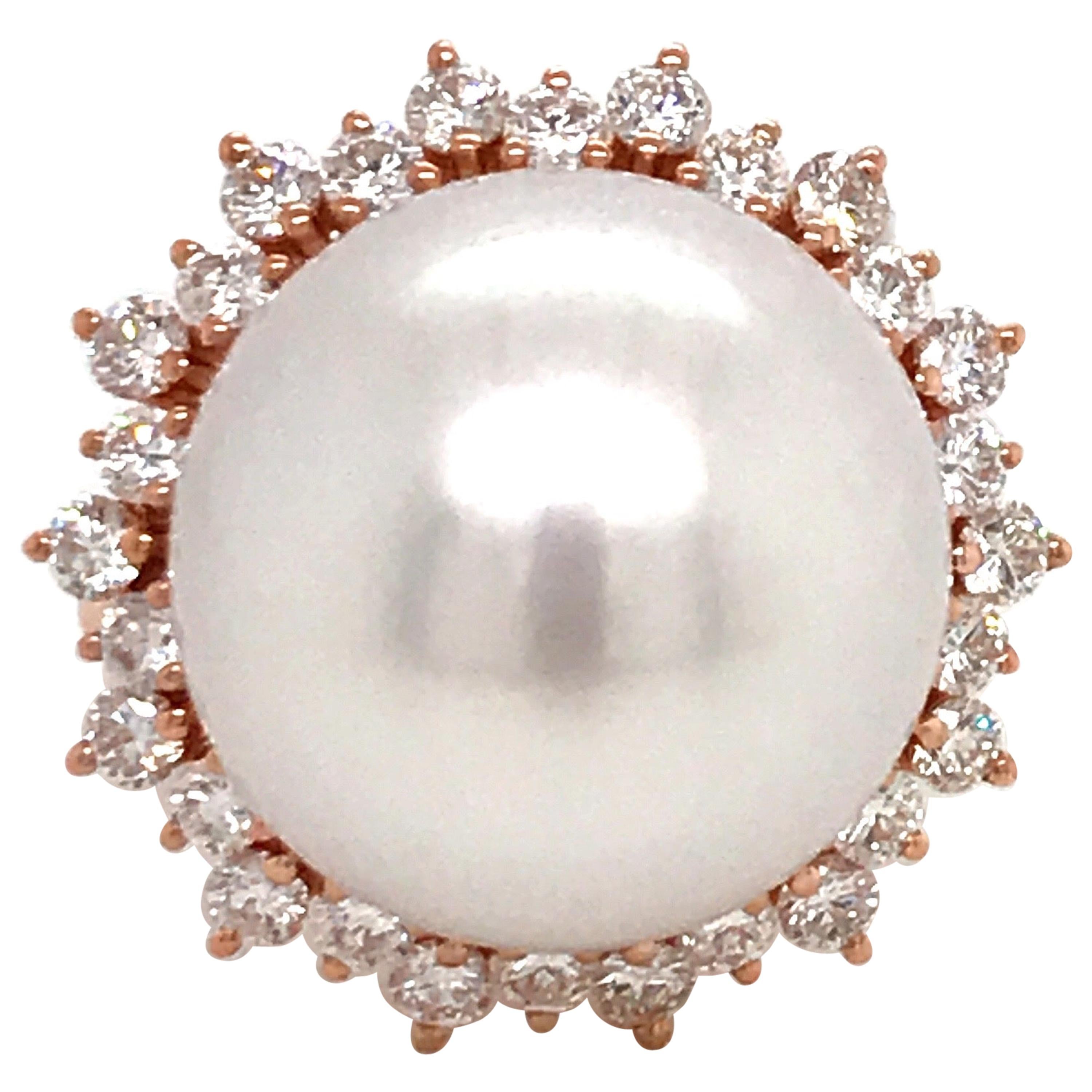 South Sea Pearl Diamond Halo Floral Ring 0.98 Carat 18 Karat Rose Gold