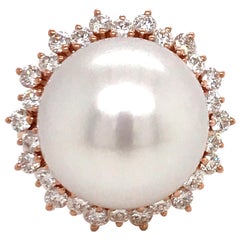 Used South Sea Pearl Diamond Halo Floral Ring 0.98 Carat 18 Karat Rose Gold