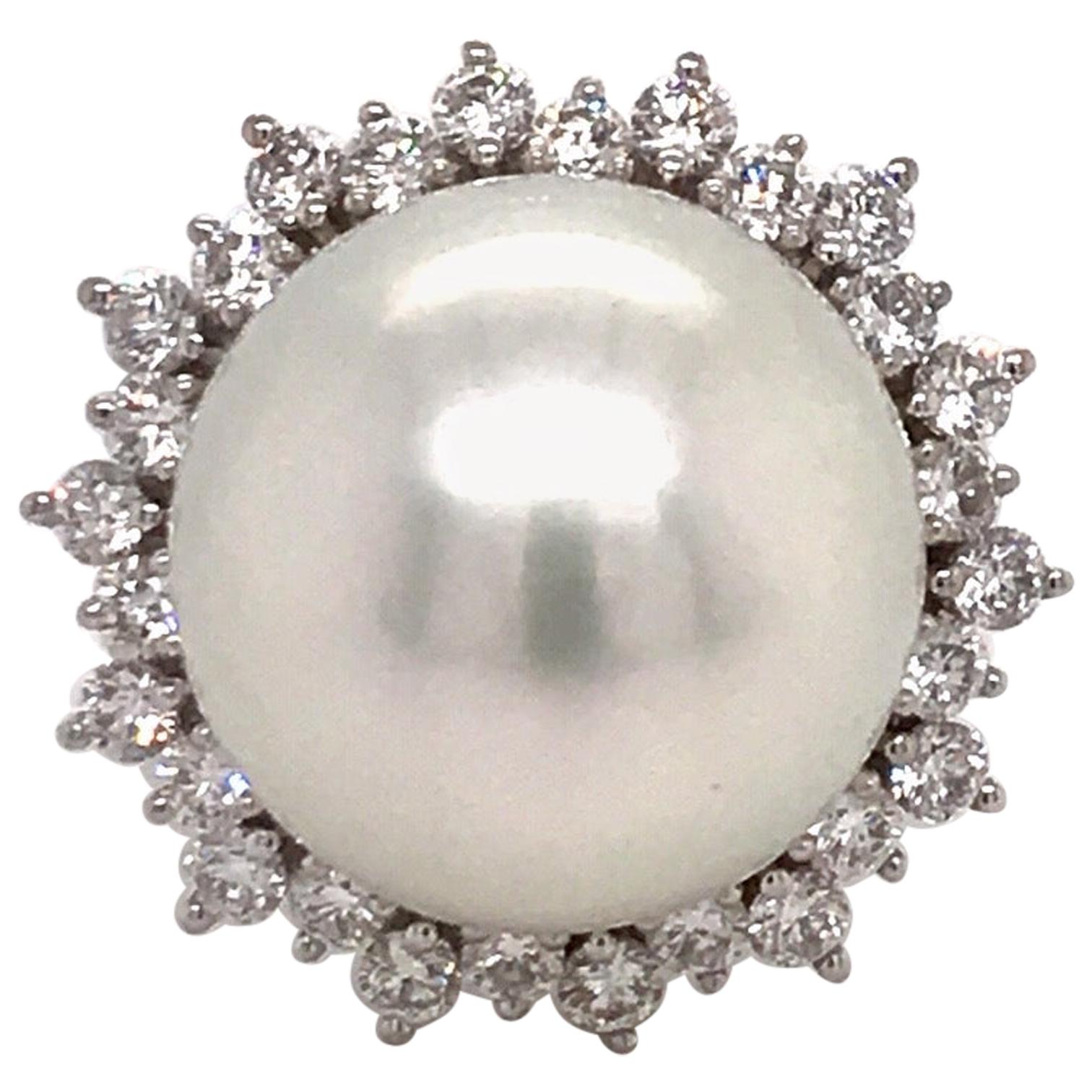 South Sea Pearl Diamond Halo Floral Ring 0.98 Carat 18 Karat White Gold