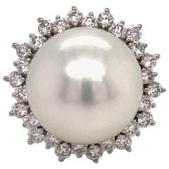 Vintage South Sea Pearl Diamond Halo Floral Ring 0.98 Carat 18 Karat White Gold