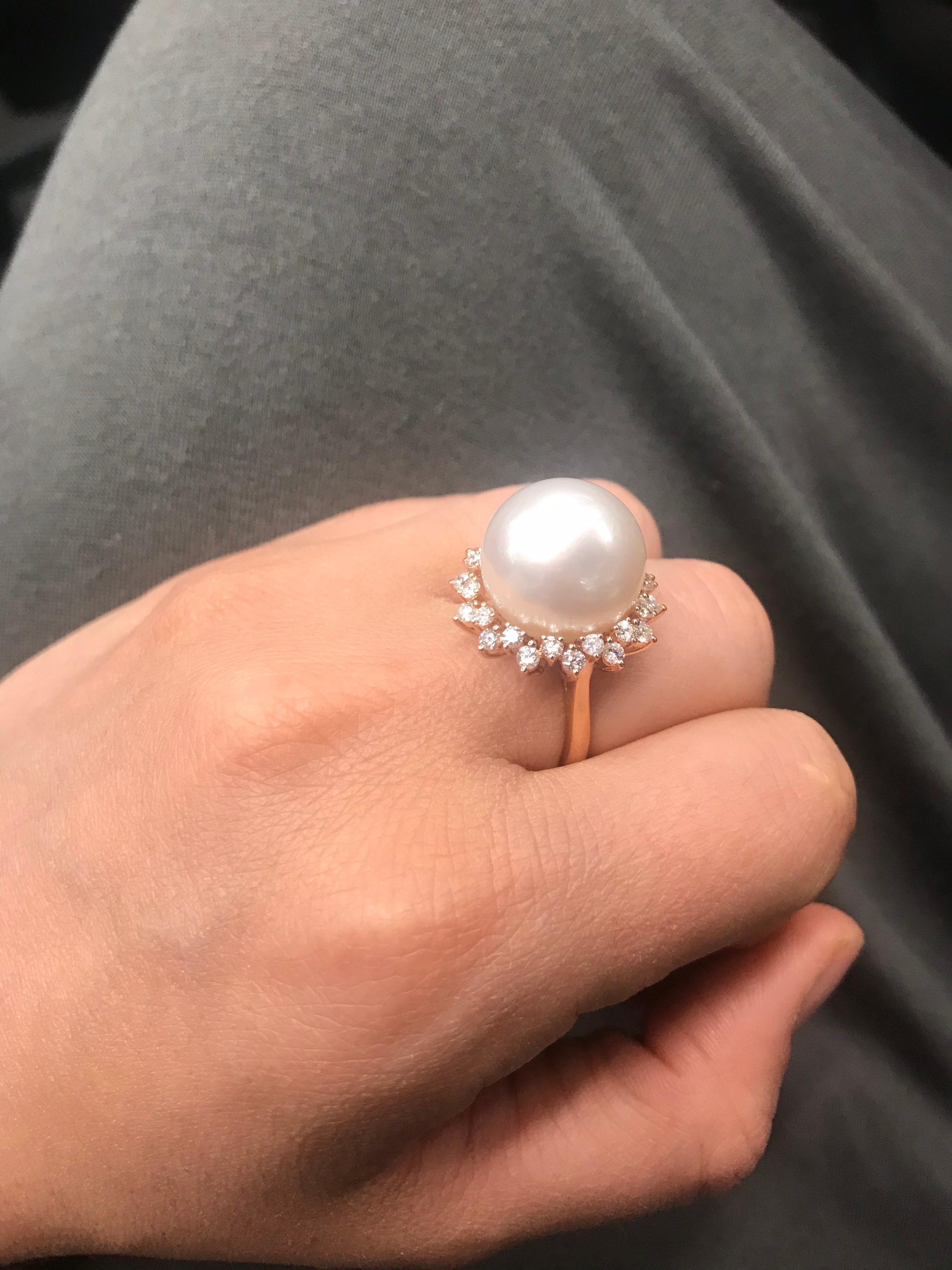 South Sea Pearl Diamond Halo Floral Ring 0.98 Carat 18 Karat Rose Gold For Sale 3