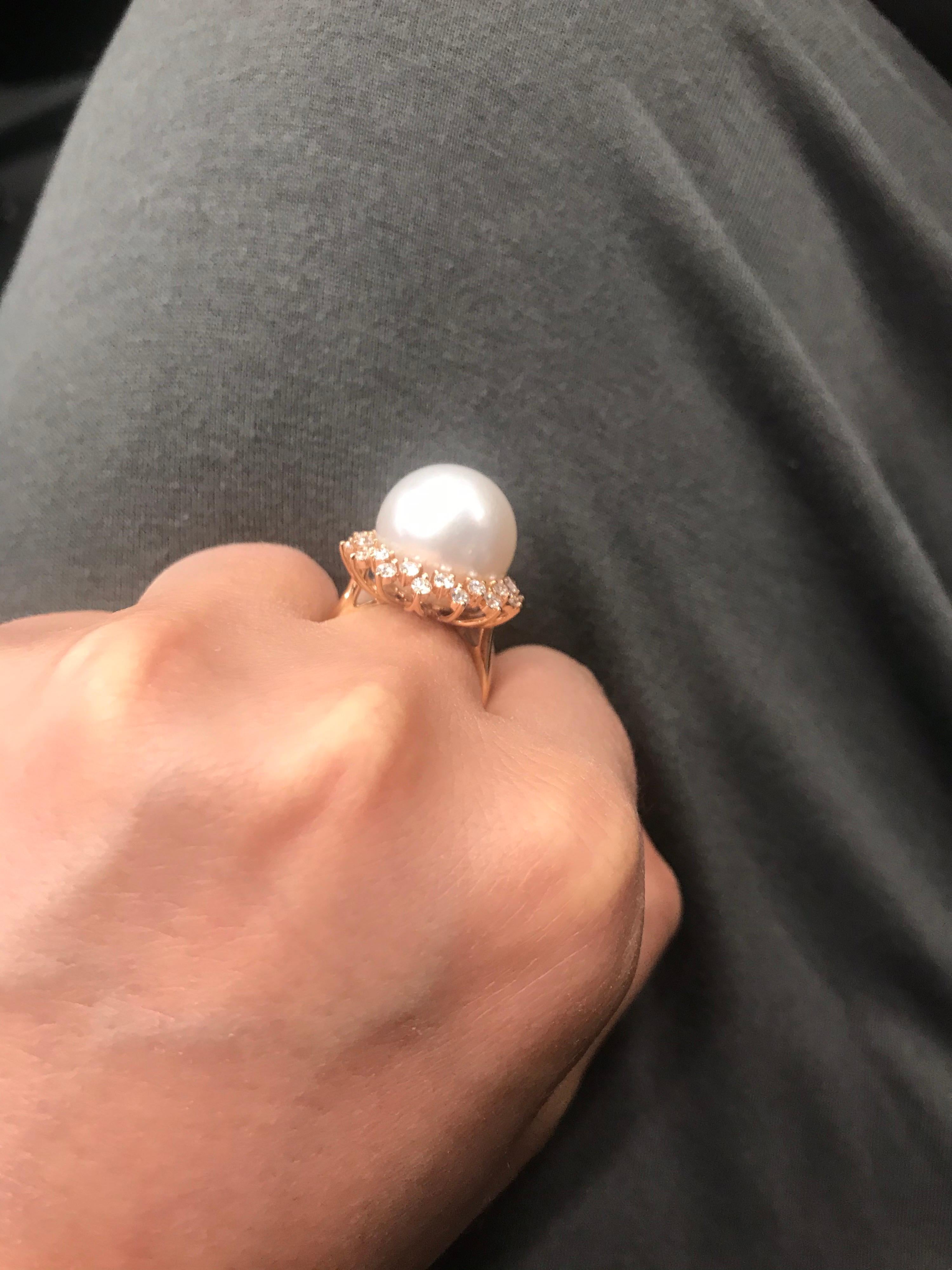 South Sea Pearl Diamond Halo Floral Ring 0.98 Carat 18 Karat Rose Gold For Sale 4