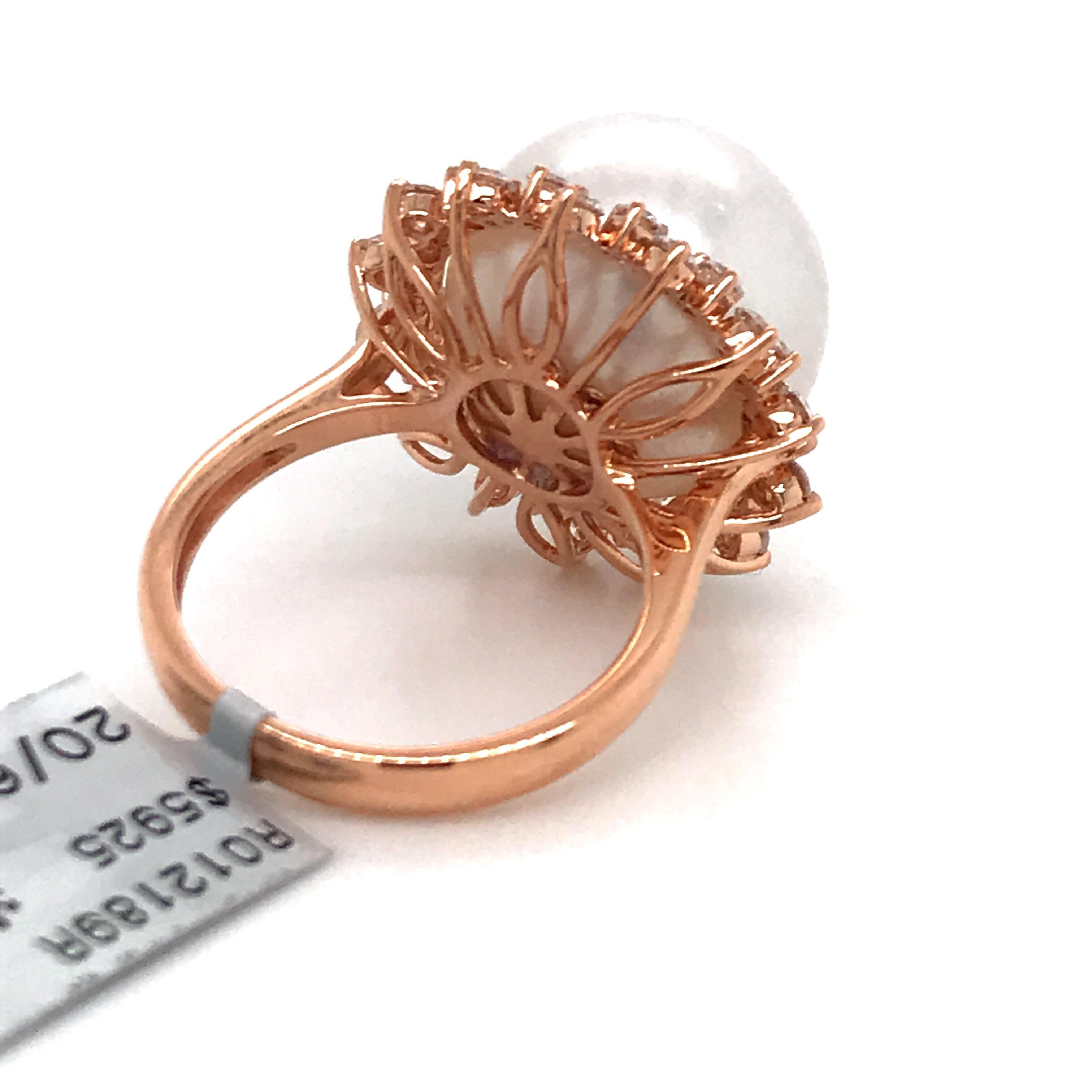 Contemporary South Sea Pearl Diamond Halo Floral Ring 0.98 Carat 18 Karat Rose Gold For Sale