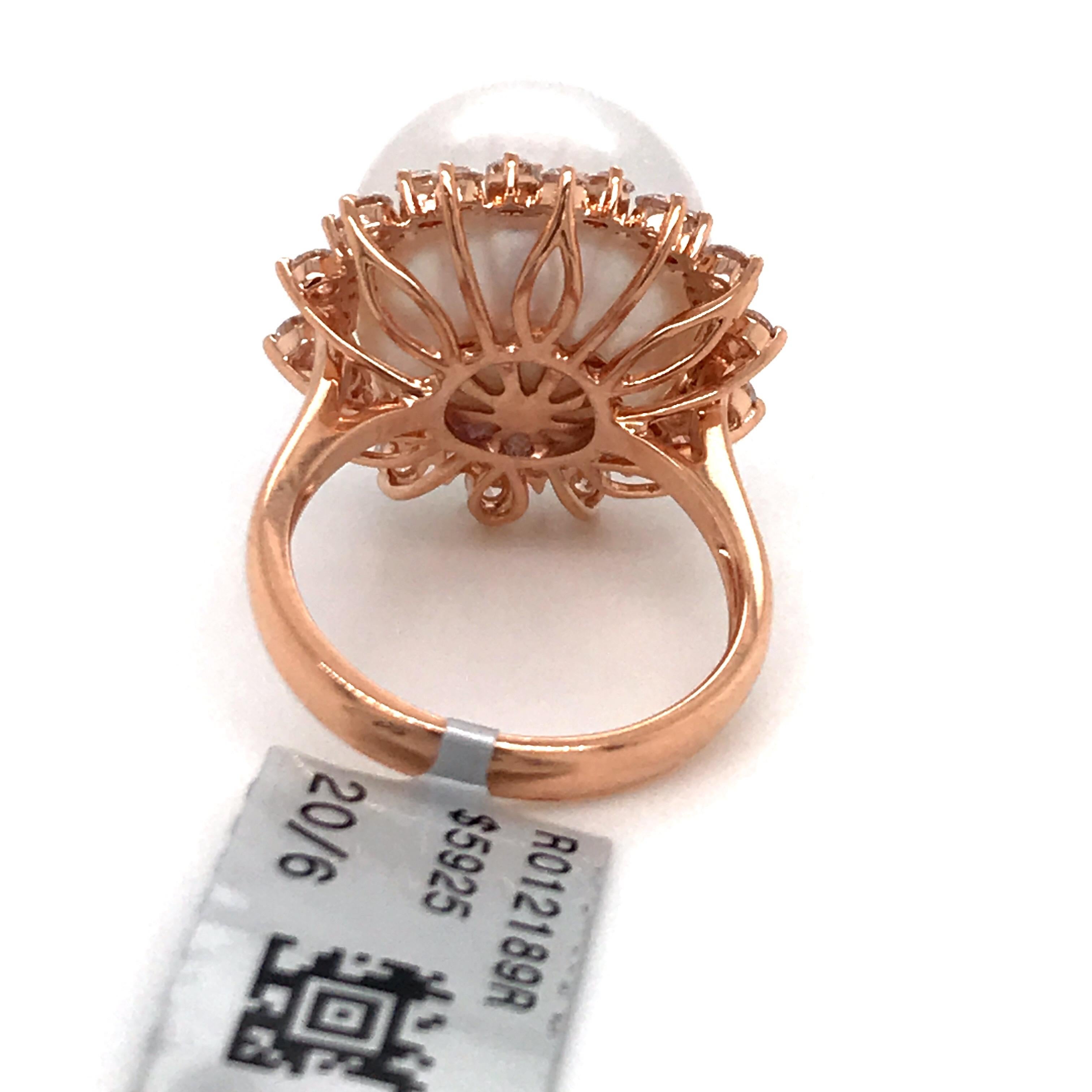 Round Cut South Sea Pearl Diamond Halo Floral Ring 0.98 Carat 18 Karat Rose Gold For Sale