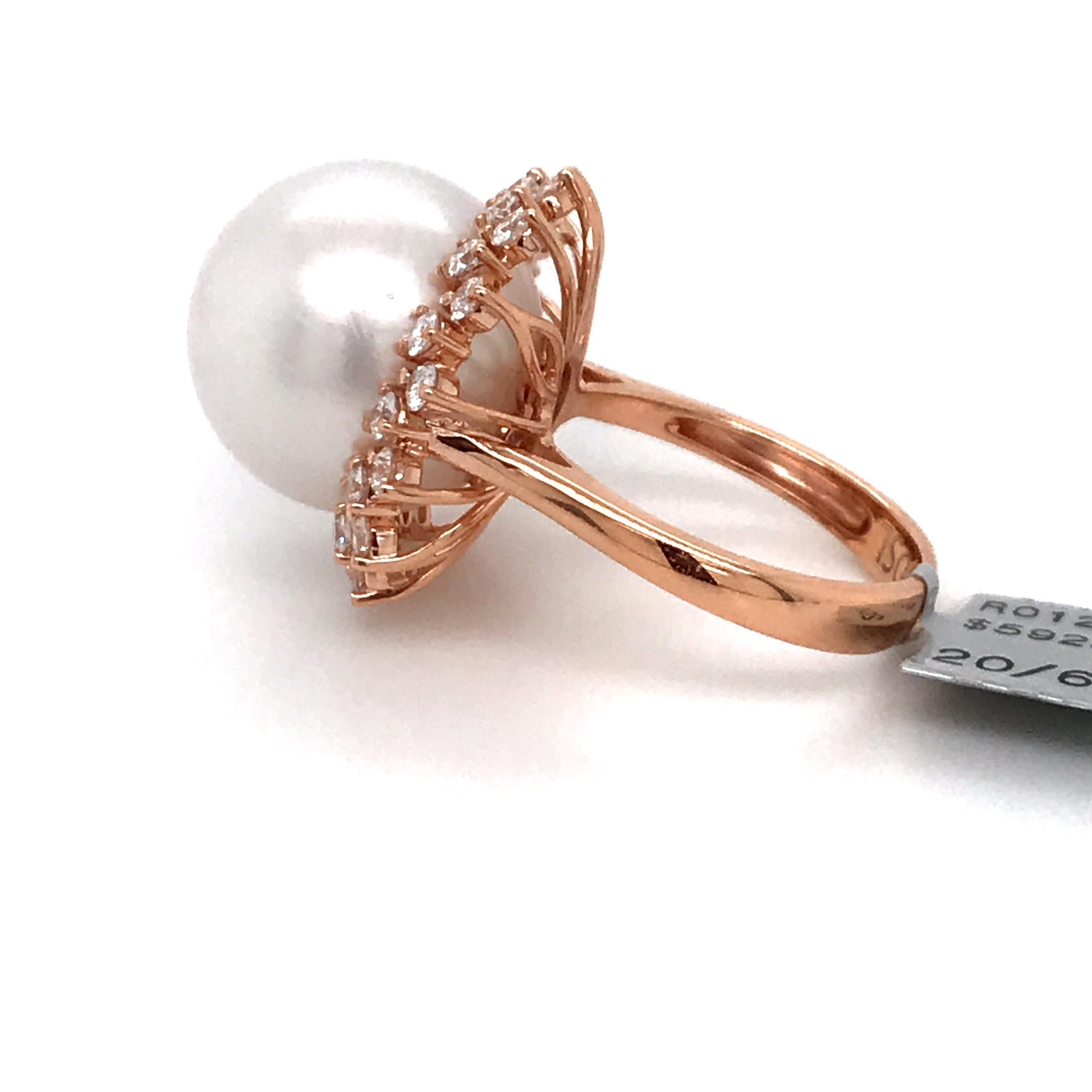 South Sea Pearl Diamond Halo Floral Ring 0.98 Carat 18 Karat Rose Gold In New Condition For Sale In New York, NY