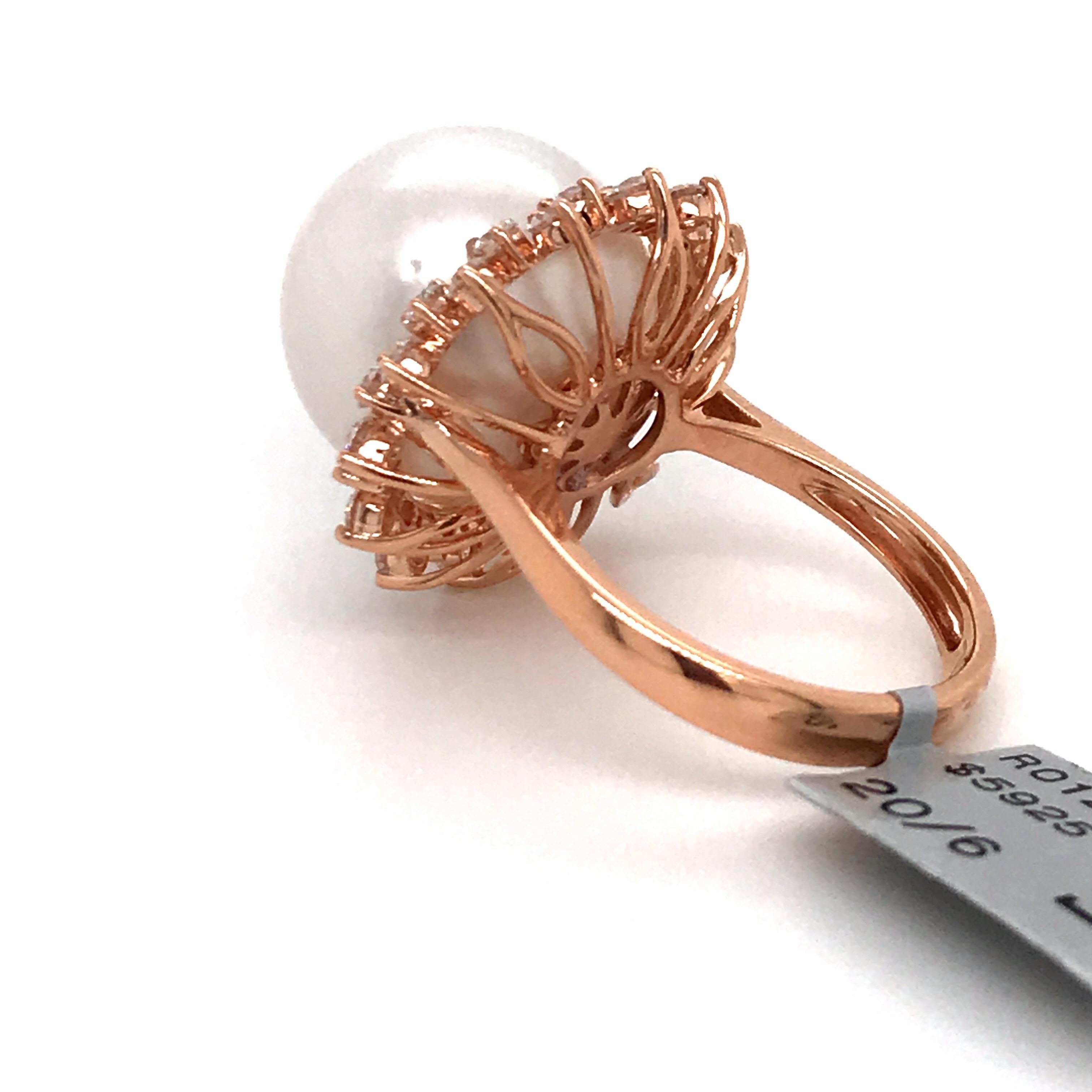 Women's South Sea Pearl Diamond Halo Floral Ring 0.98 Carat 18 Karat Rose Gold For Sale