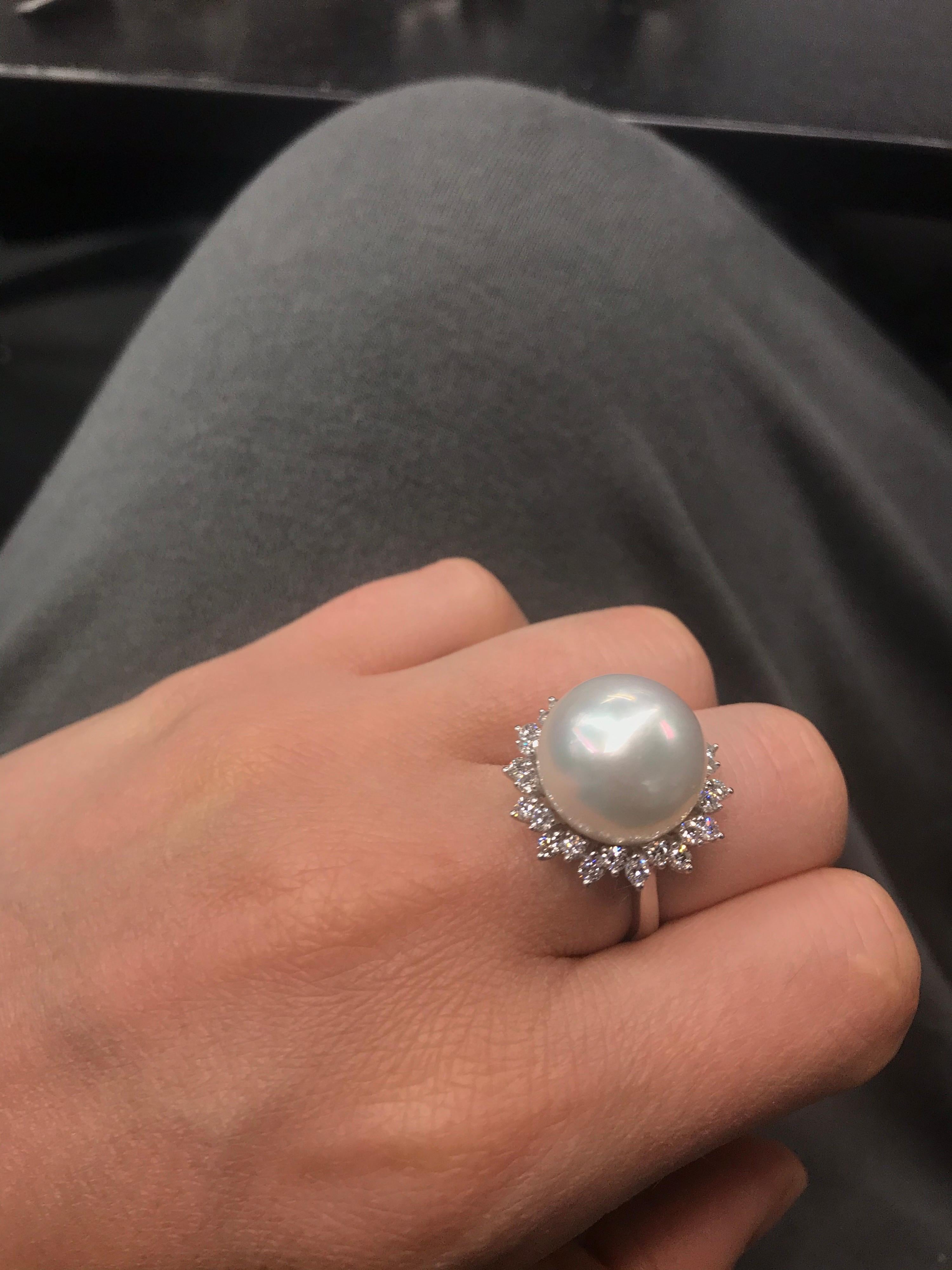 South Sea Pearl Diamond Halo Floral Ring 0.98 Carat 18 Karat White Gold For Sale 4
