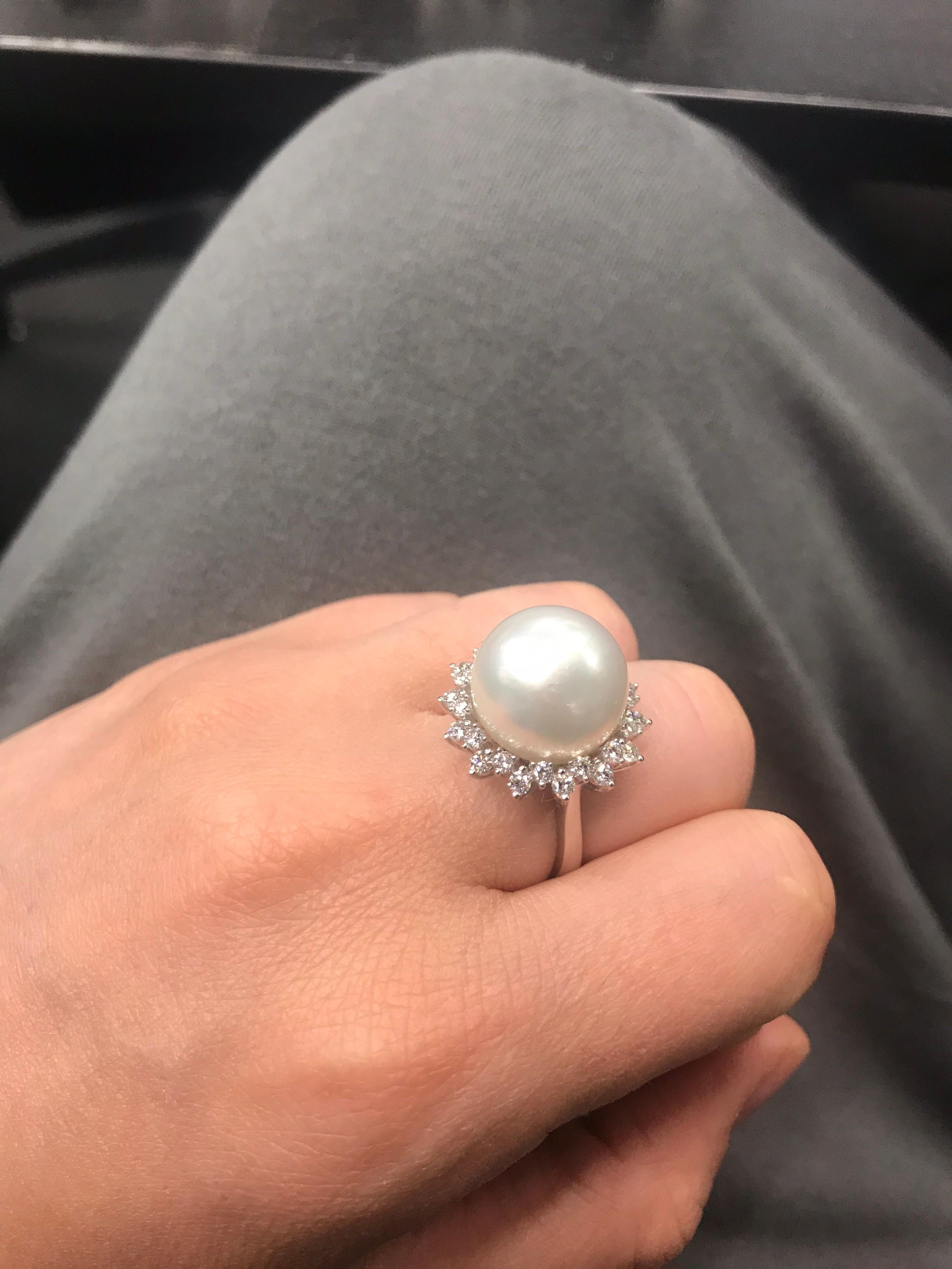 South Sea Pearl Diamond Halo Floral Ring 0.98 Carat 18 Karat White Gold For Sale 7