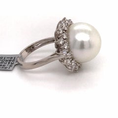 South Sea Pearl Diamond Halo Floral Ring 0.98 Carat 18 Karat White Gold