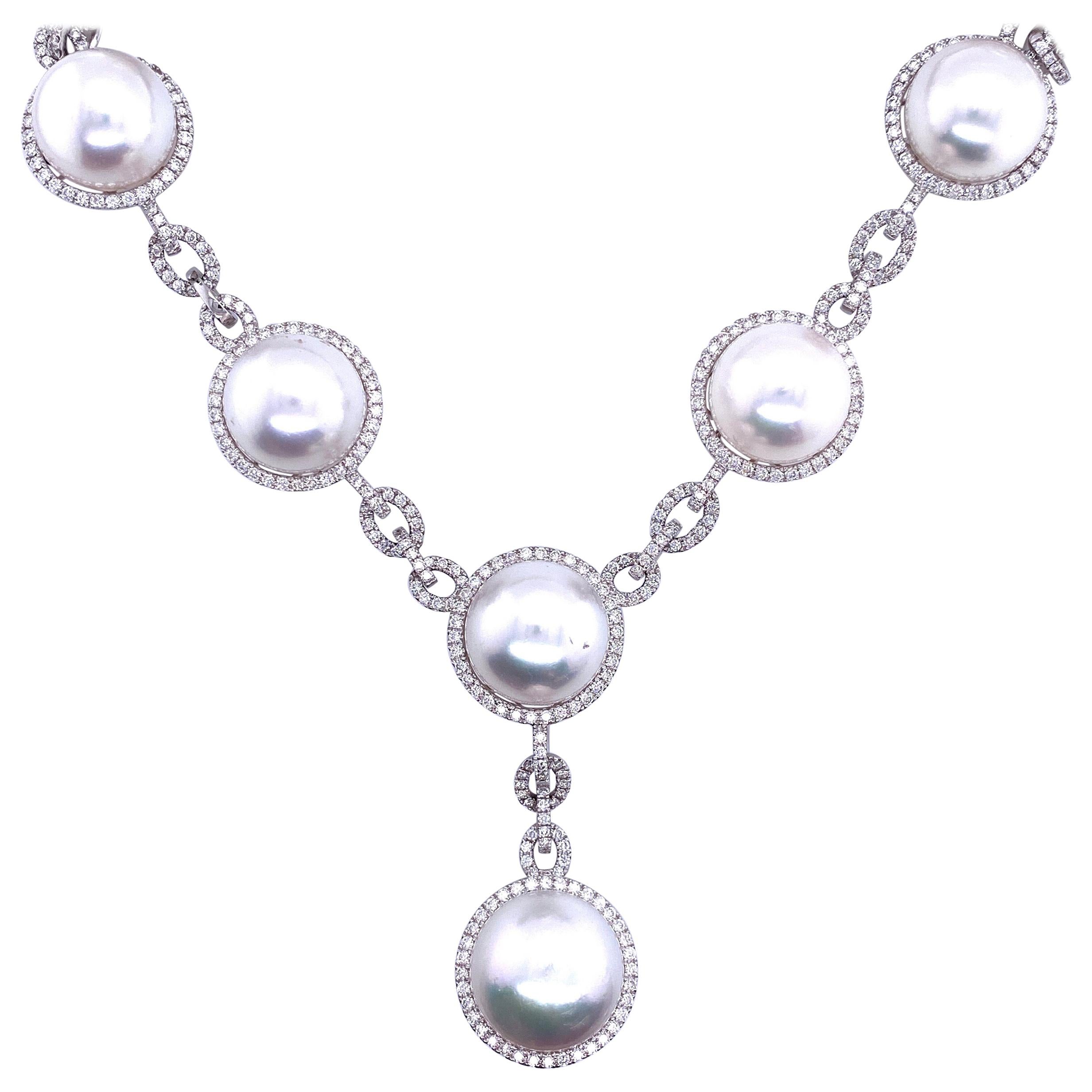 South Sea Pearl Diamond Halo Link Drop Necklace 4.20 Carat 18 Karat