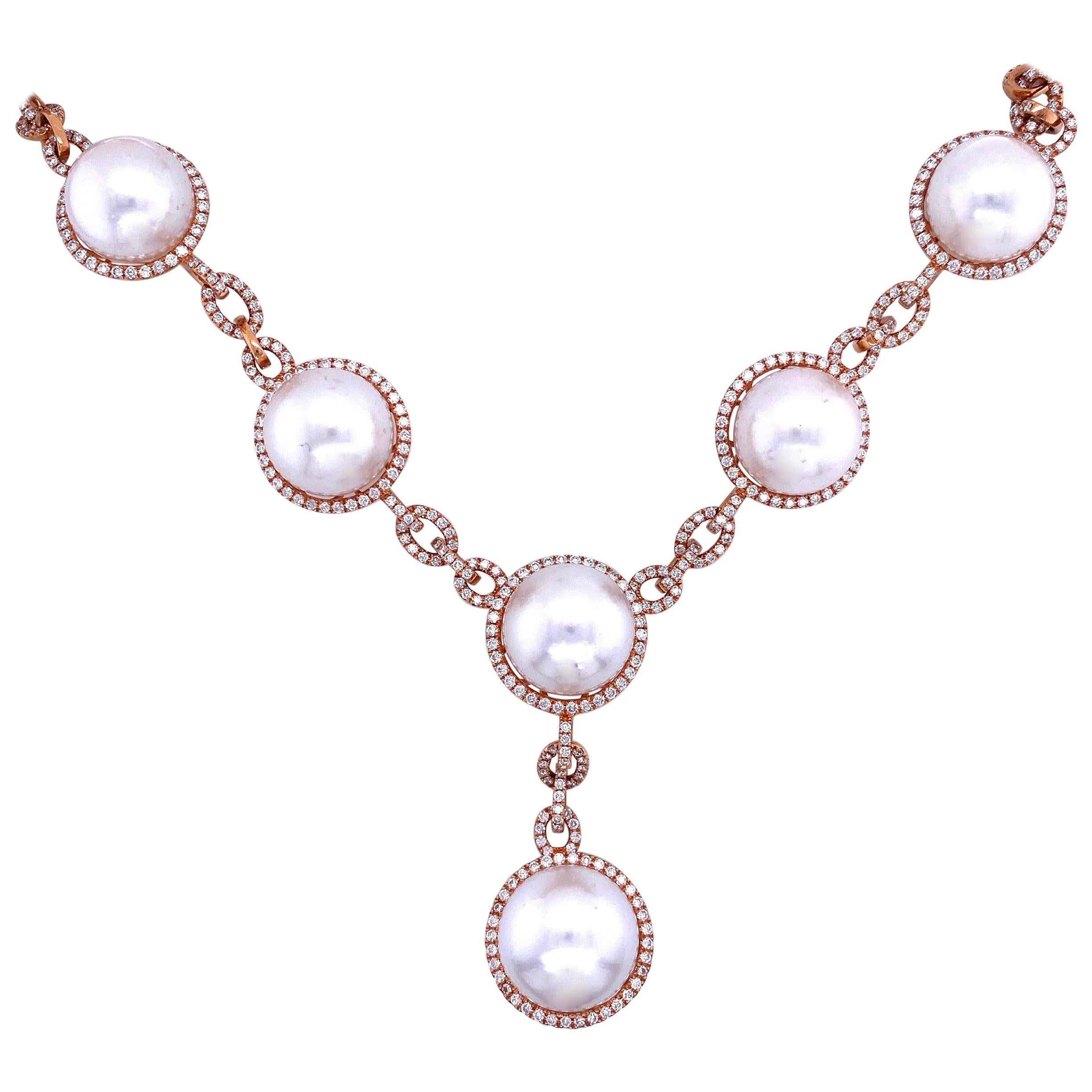 South Sea Pearl Diamond Halo Link Drop Necklace 4.20 Carat 18 Karat For Sale