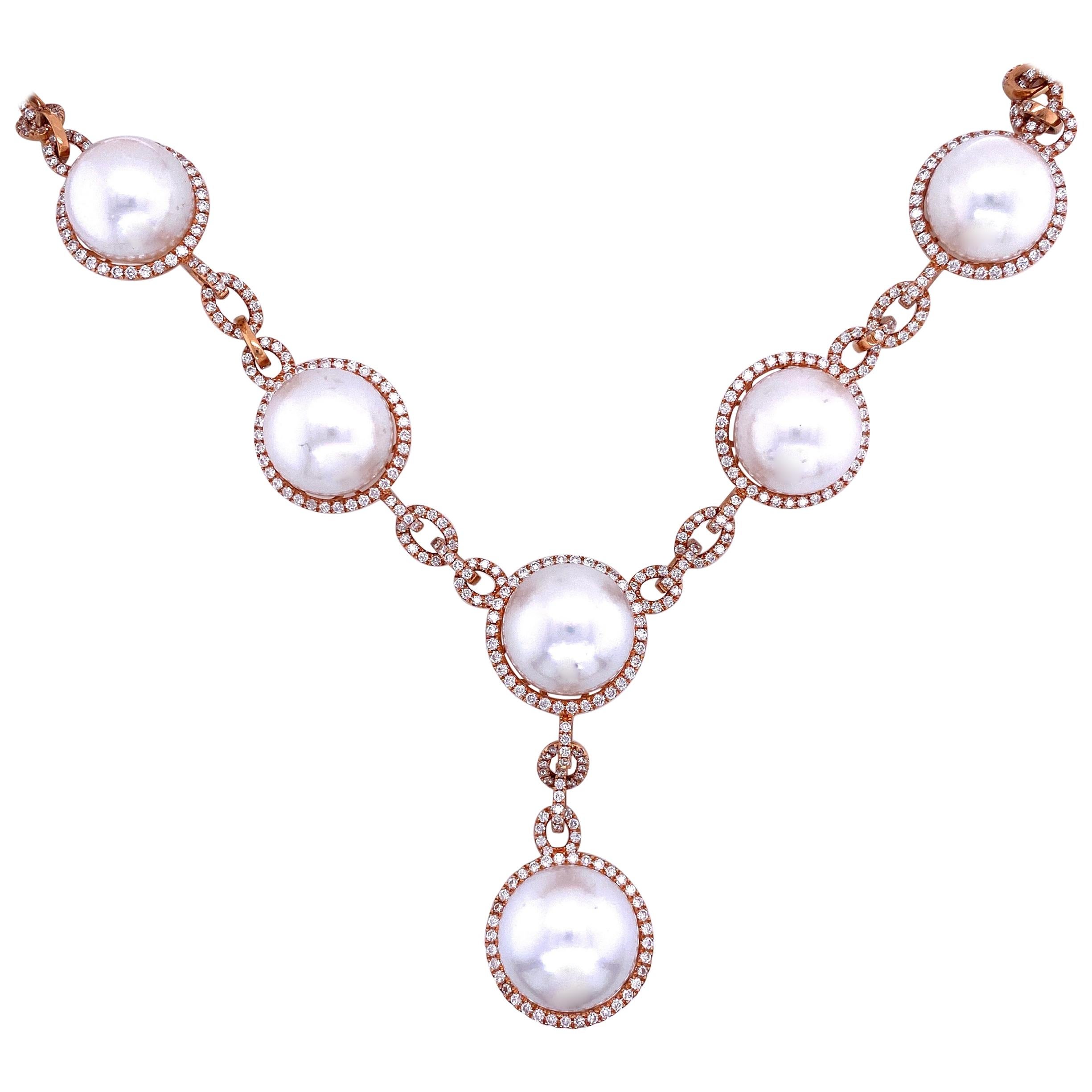 South Sea Pearl Diamond Halo Link Drop Necklace 4.20 Carat 18 Karat