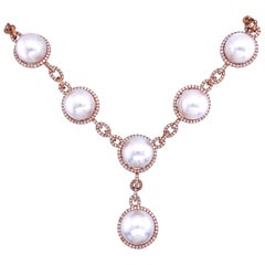 South Sea Pearl Diamond Halo Link Drop Necklace 4.20 Carat 18 Karat