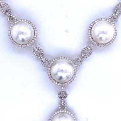 South Sea Pearl Diamond Halo Link Drop Necklace 4.20 Carat 18 Karat