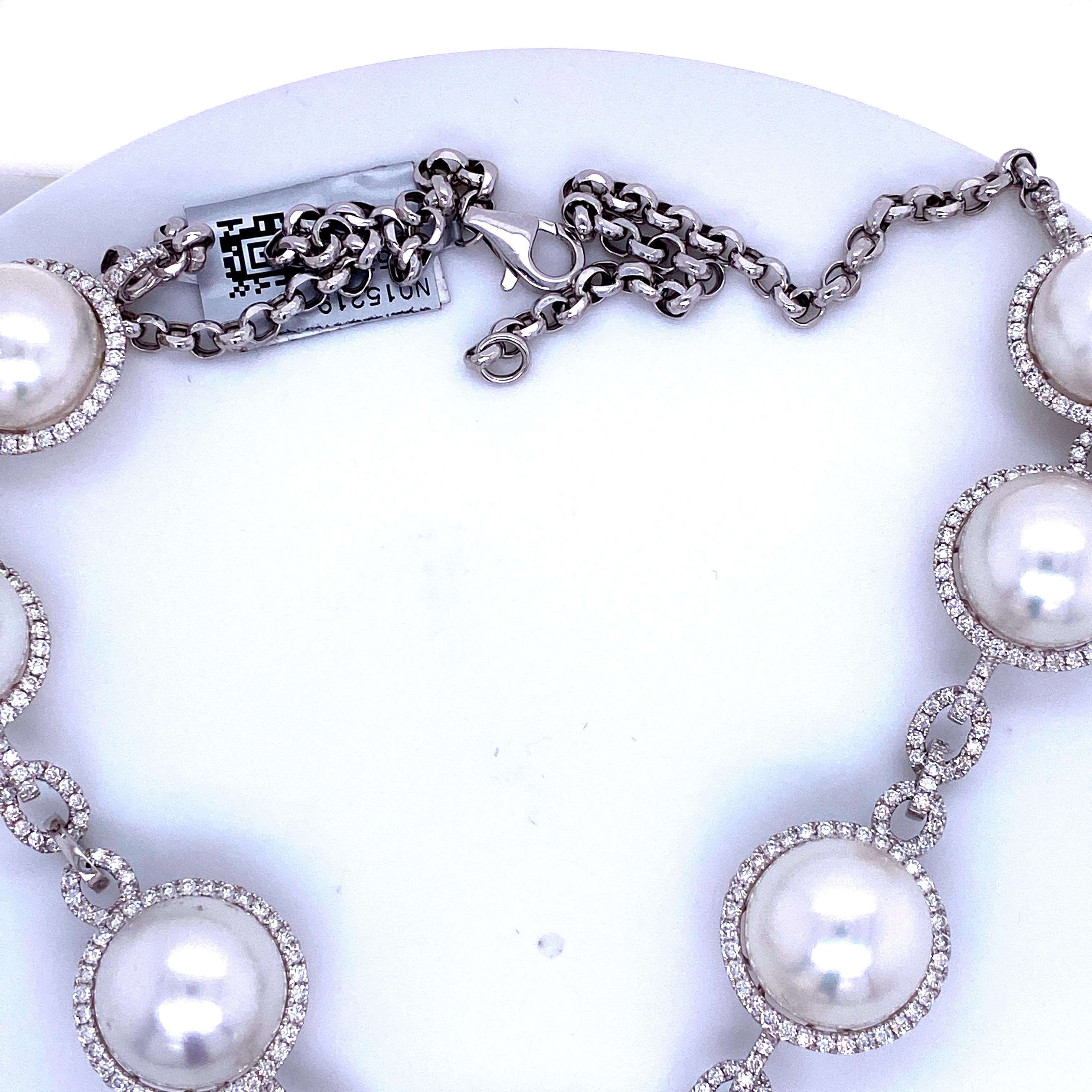 Round Cut South Sea Pearl Diamond Halo Link Drop Necklace 4.20 Carat 18 Karat For Sale