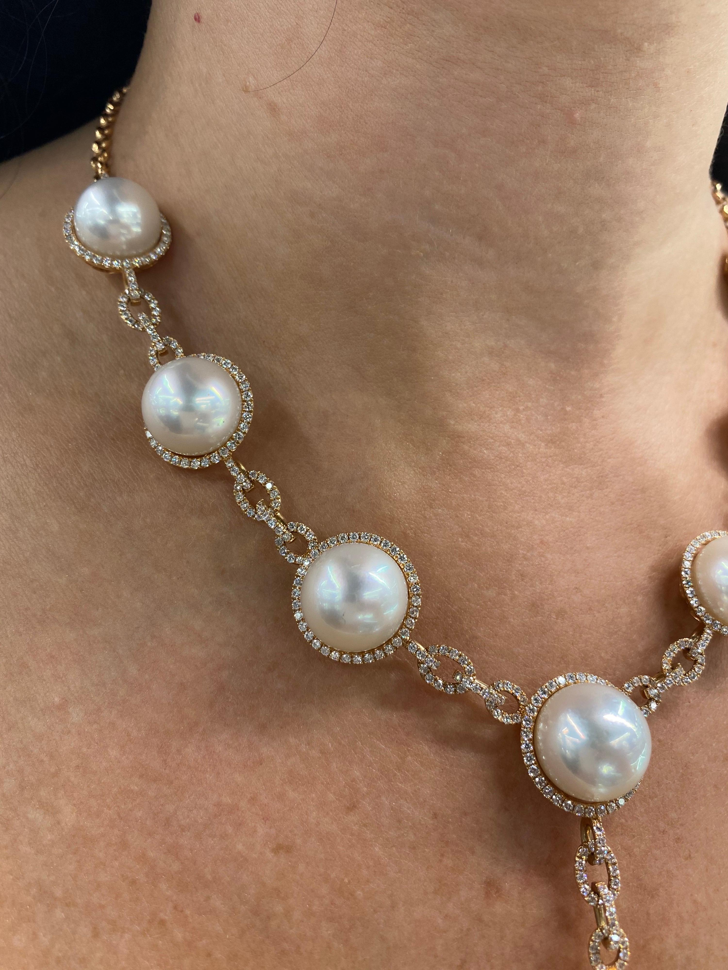 South Sea Pearl Diamond Halo Link Drop Necklace 4.20 Carat 18 Karat In New Condition For Sale In New York, NY