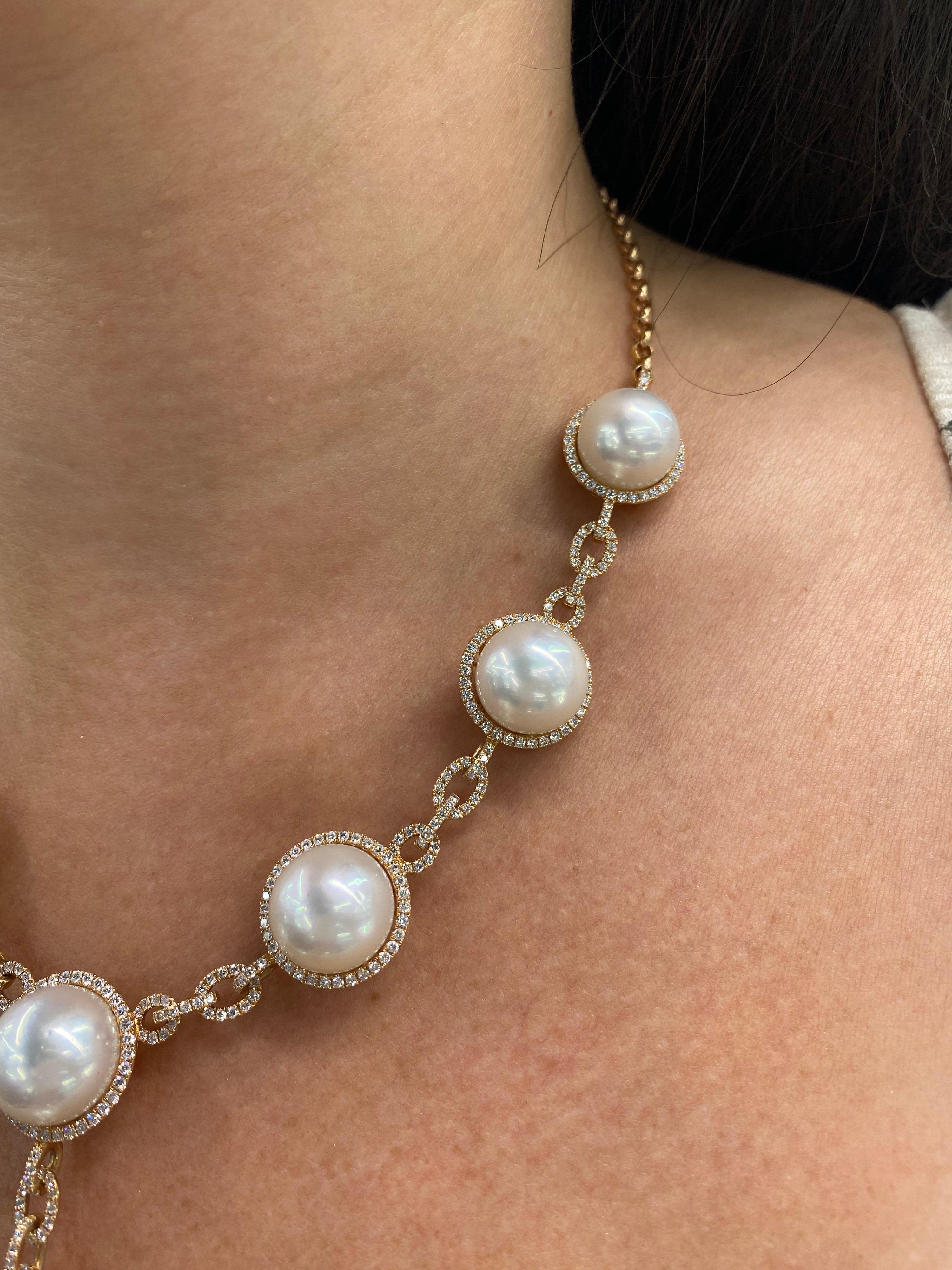 Women's South Sea Pearl Diamond Halo Link Drop Necklace 4.20 Carat 18 Karat For Sale