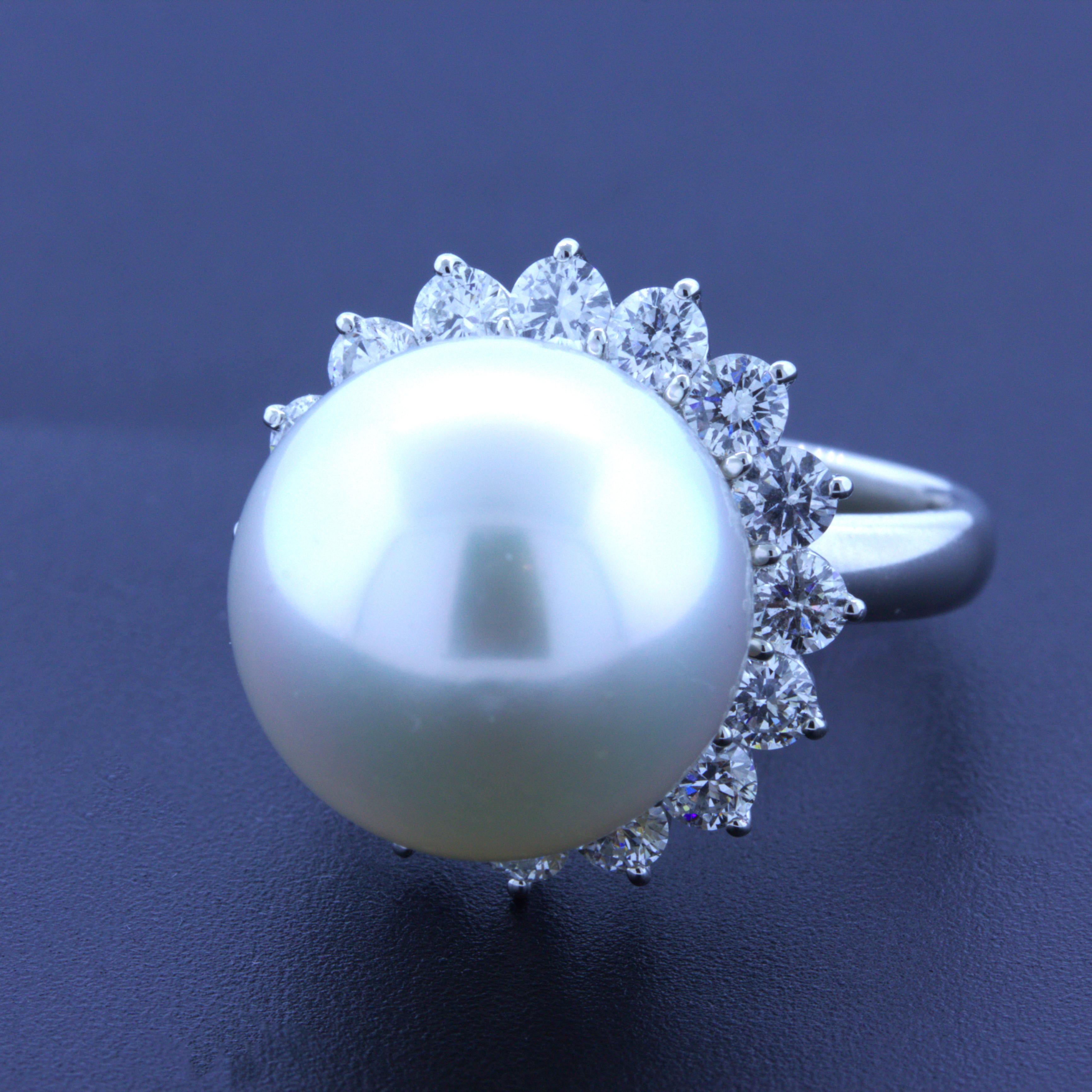 Round Cut South Sea Pearl Diamond Halo Platinum Ring For Sale