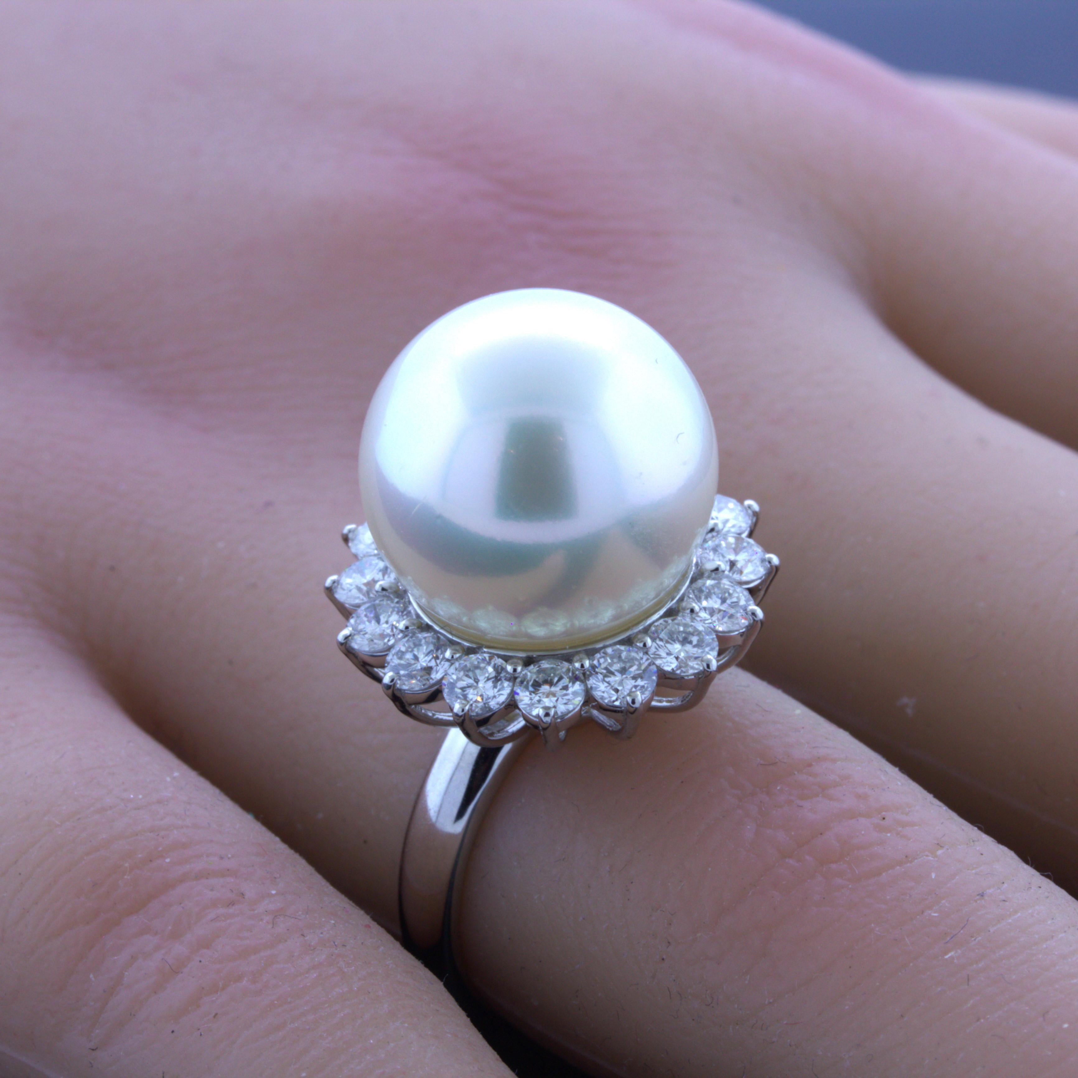 Women's South Sea Pearl Diamond Halo Platinum Ring For Sale
