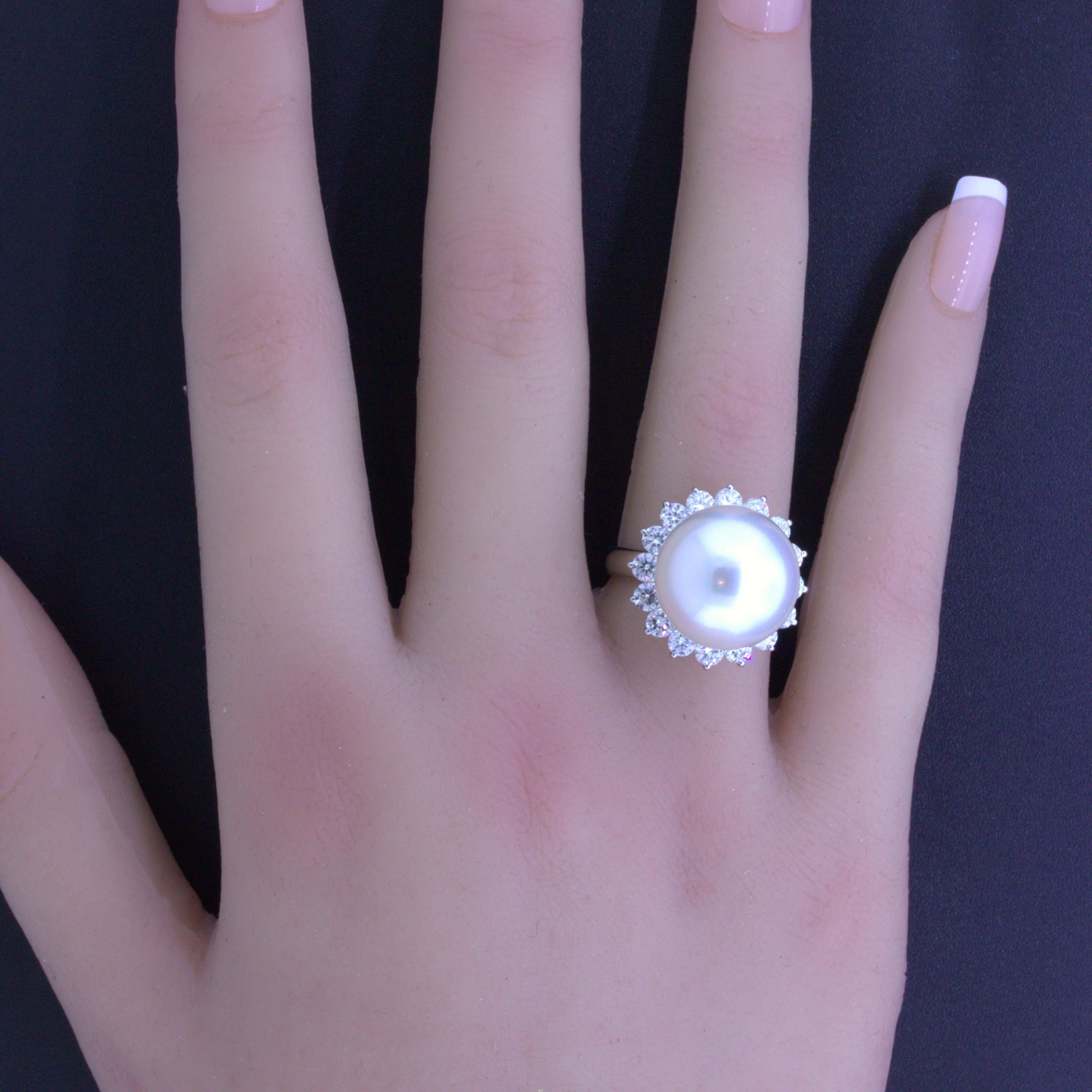 South Sea Pearl Diamond Halo Platinum Ring For Sale 1