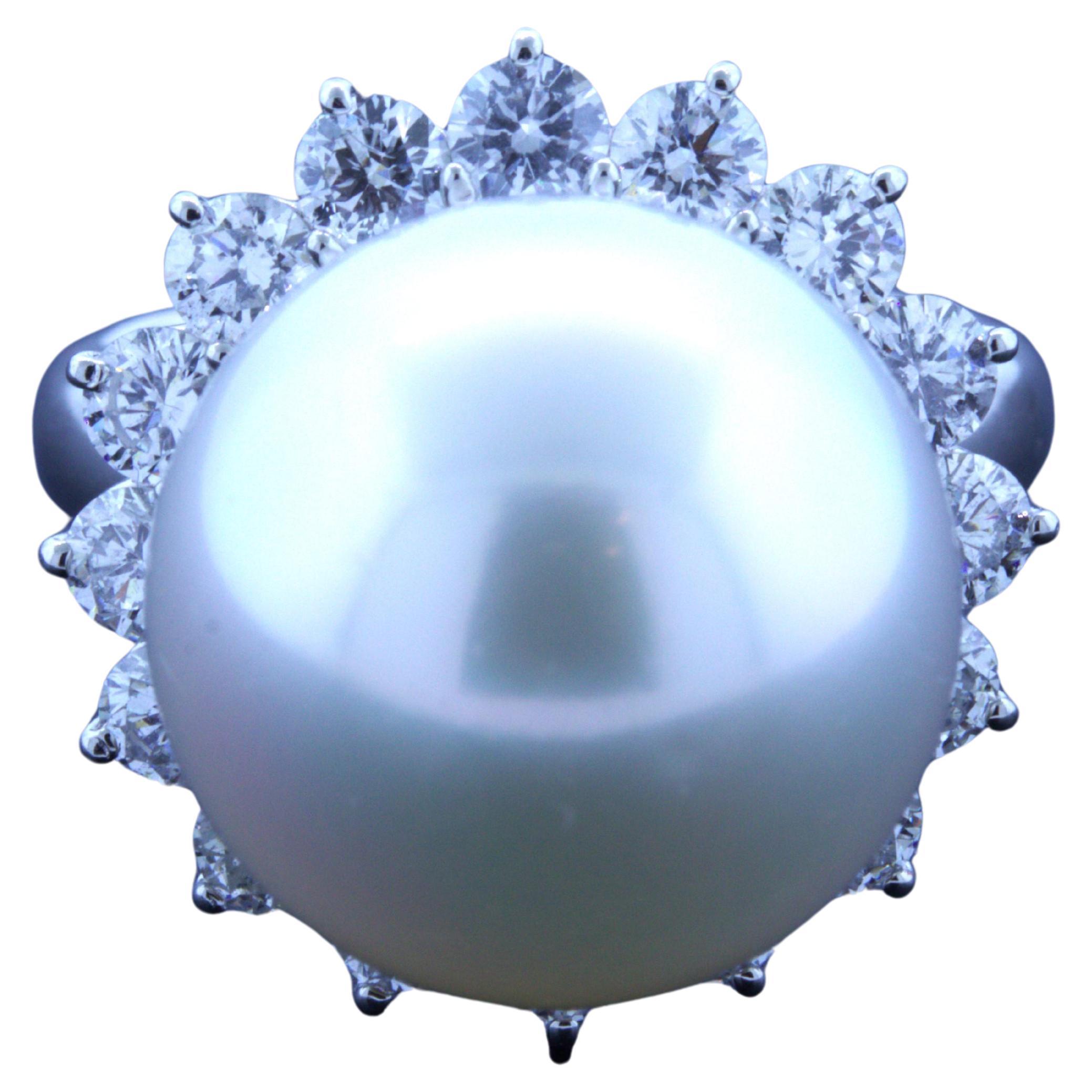 South Sea Pearl Diamond Halo Platinum Ring For Sale