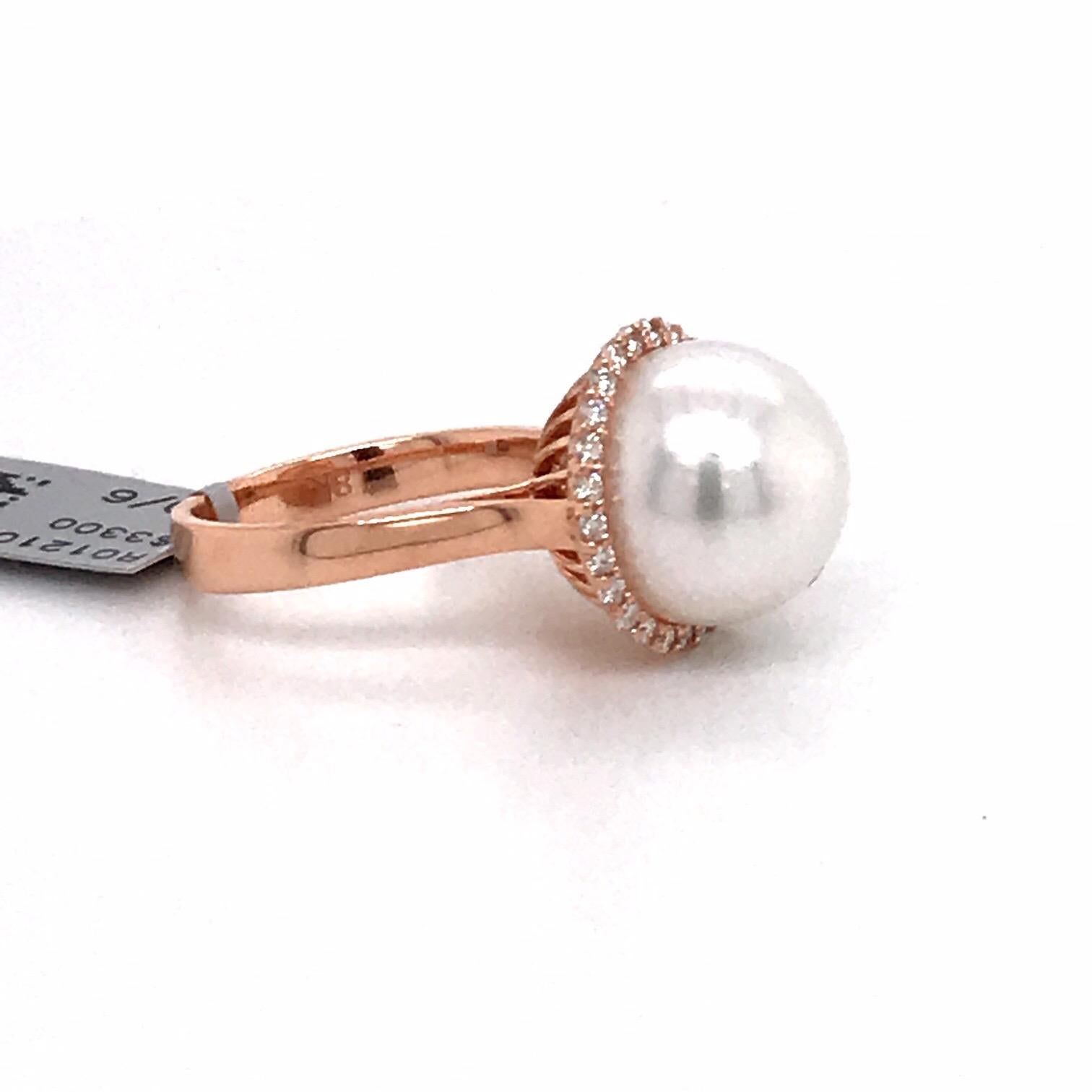 Contemporary South Sea Pearl Diamond Halo Ring 0.32 Carat 18 Karat Rose Gold For Sale