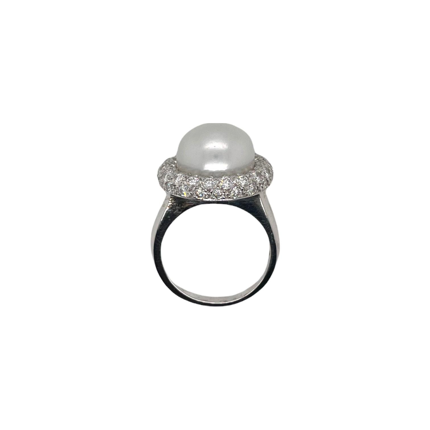 Round Cut South Sea Pearl & Diamond Halo Ring in 18K White Gold For Sale