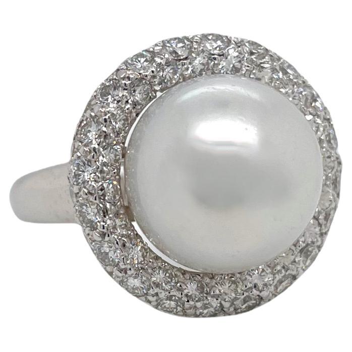 South Sea Pearl & Diamond Halo Ring in 18K White Gold