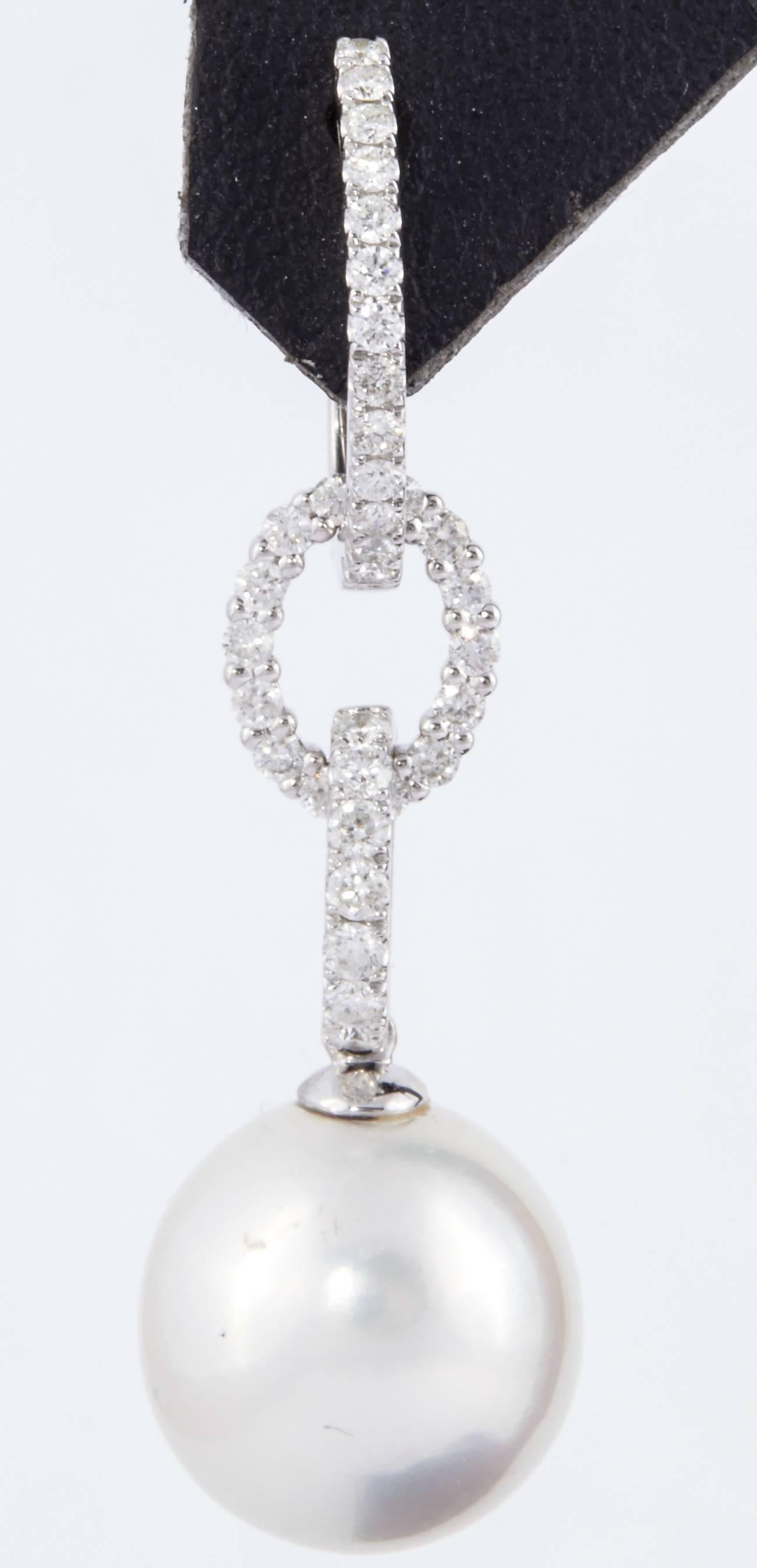 Contemporary South Sea Pearl Diamond Hoop Drop Earrings 0.81 Carat 18 Karat White Gold For Sale