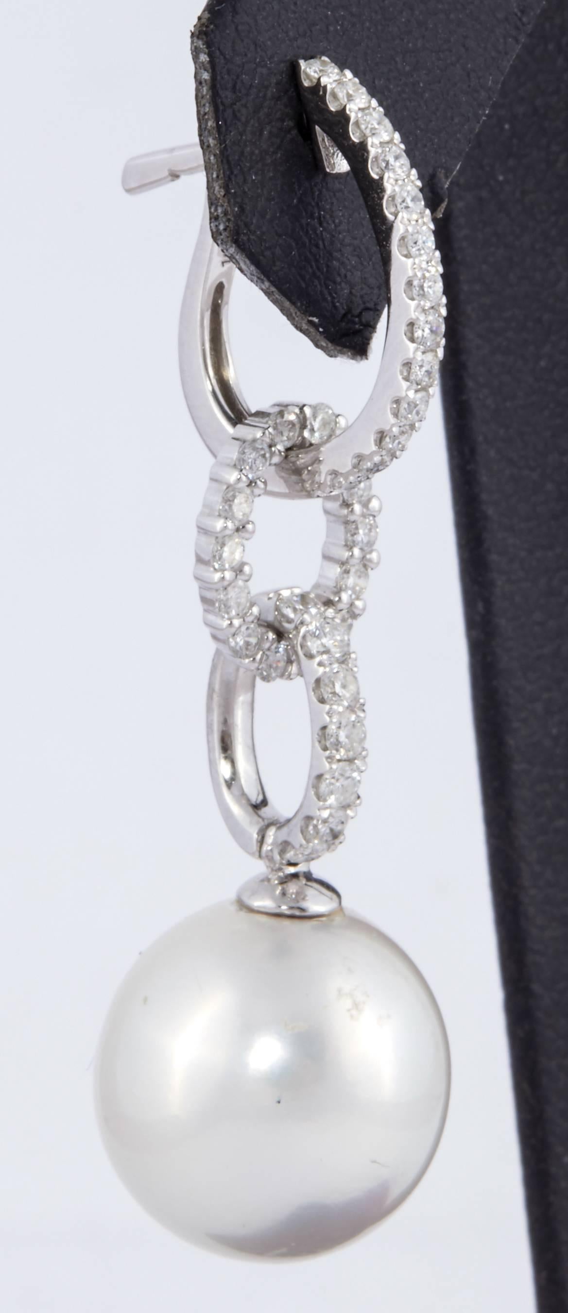 Round Cut South Sea Pearl Diamond Hoop Drop Earrings 0.81 Carat 18 Karat White Gold For Sale