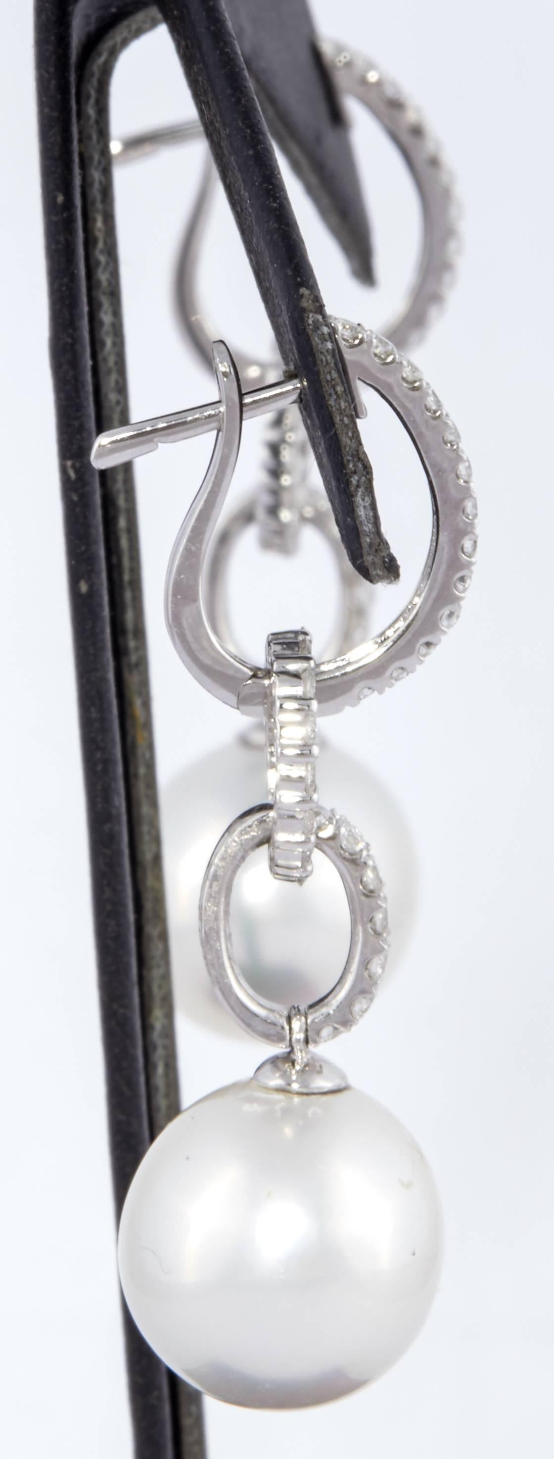 South Sea Pearl Diamond Hoop Drop Earrings 0.81 Carat 18 Karat White Gold In New Condition For Sale In New York, NY