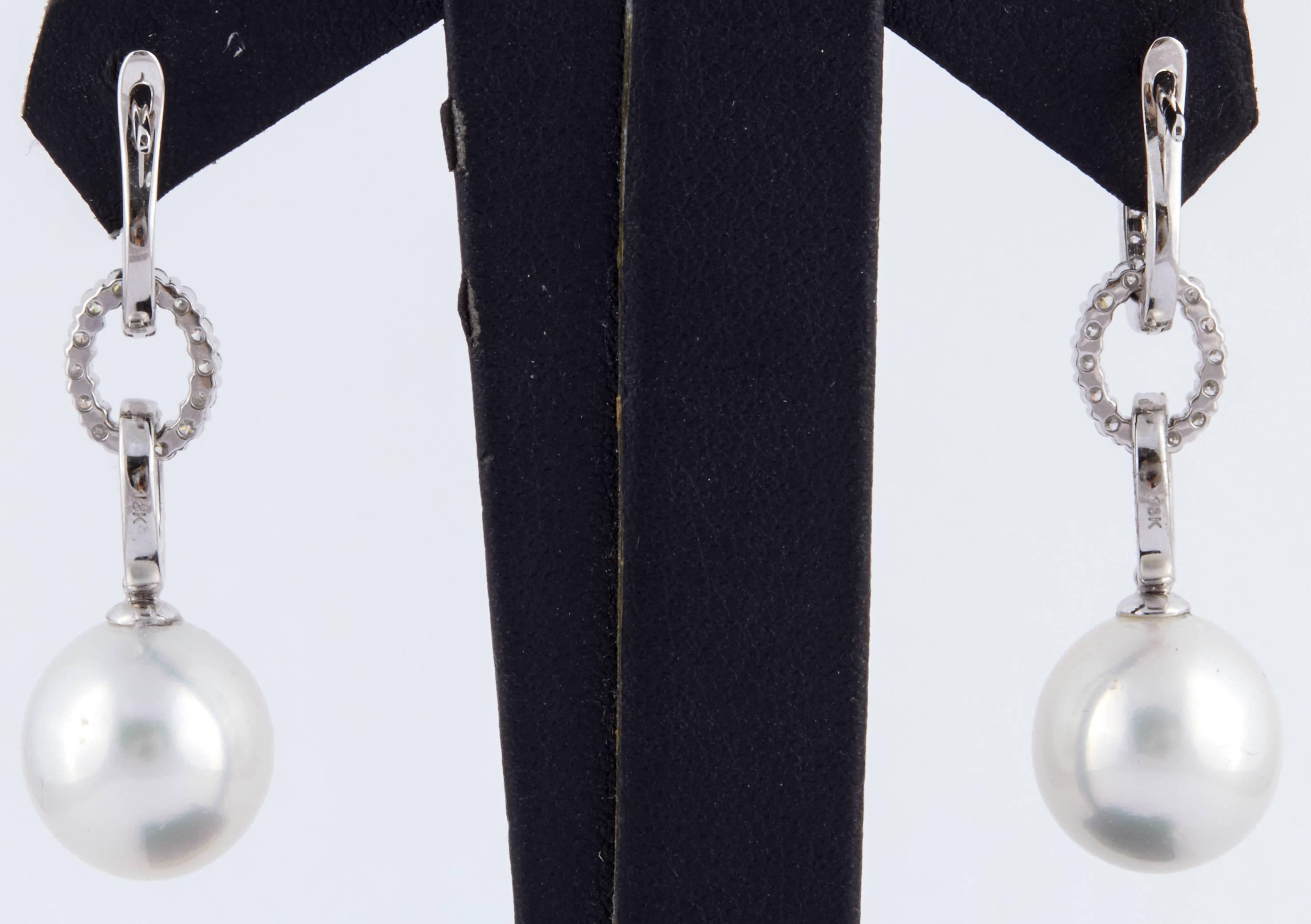 Women's South Sea Pearl Diamond Hoop Drop Earrings 0.81 Carat 18 Karat White Gold For Sale