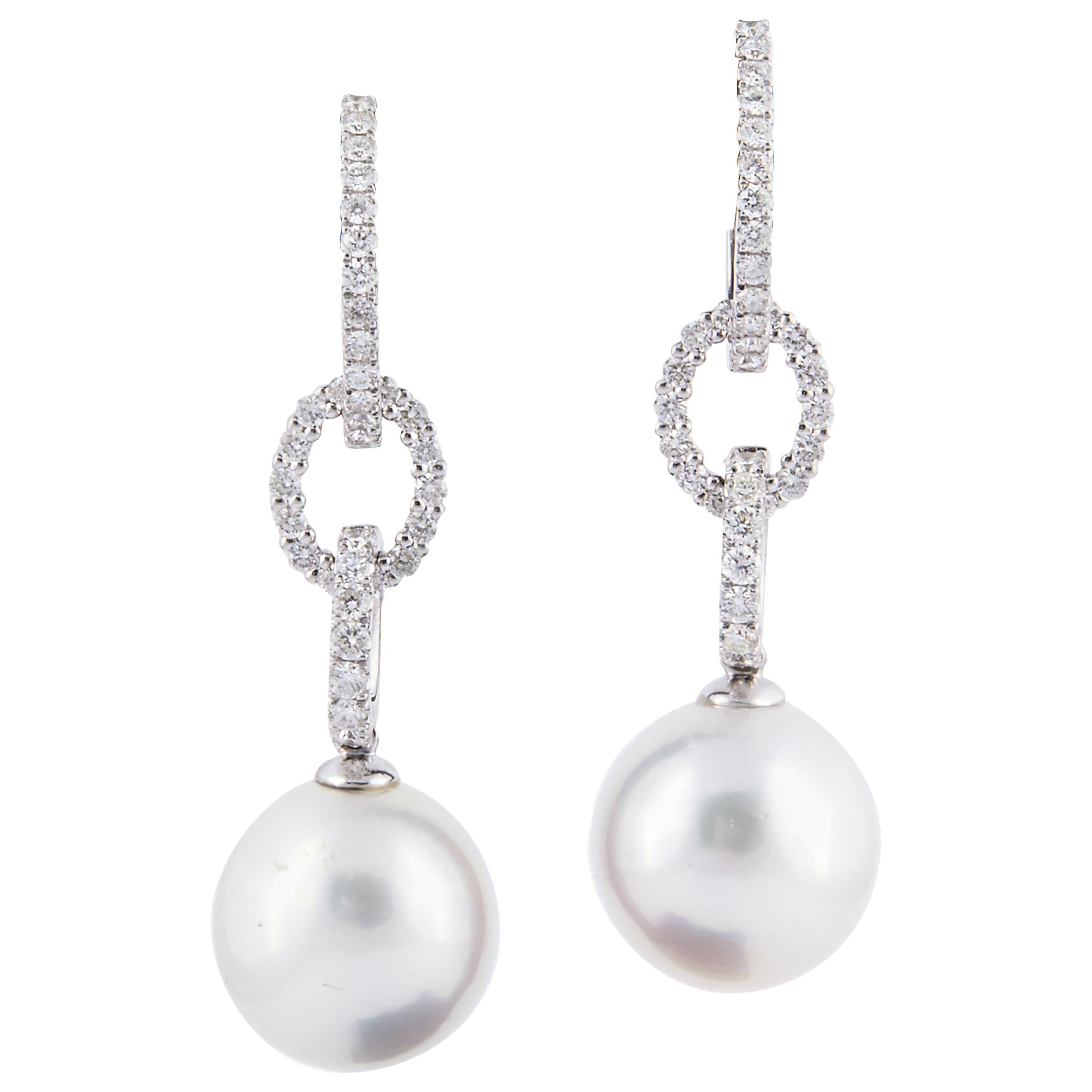 South Sea Pearl Diamond Hoop Drop Earrings 0.81 Carat 18 Karat White Gold