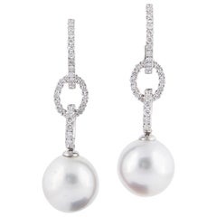 South Sea Pearl Diamond Hoop Drop Earrings 0.81 Carat 18 Karat White Gold