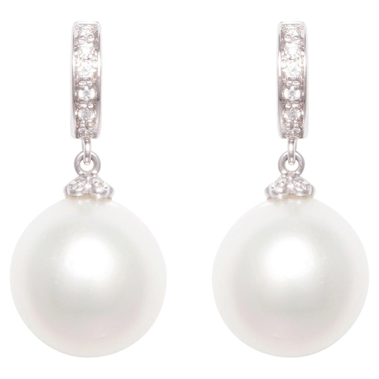 South Sea Pearl Diamond Hoop Drop Earrings Design by Ella Gafter For Sale