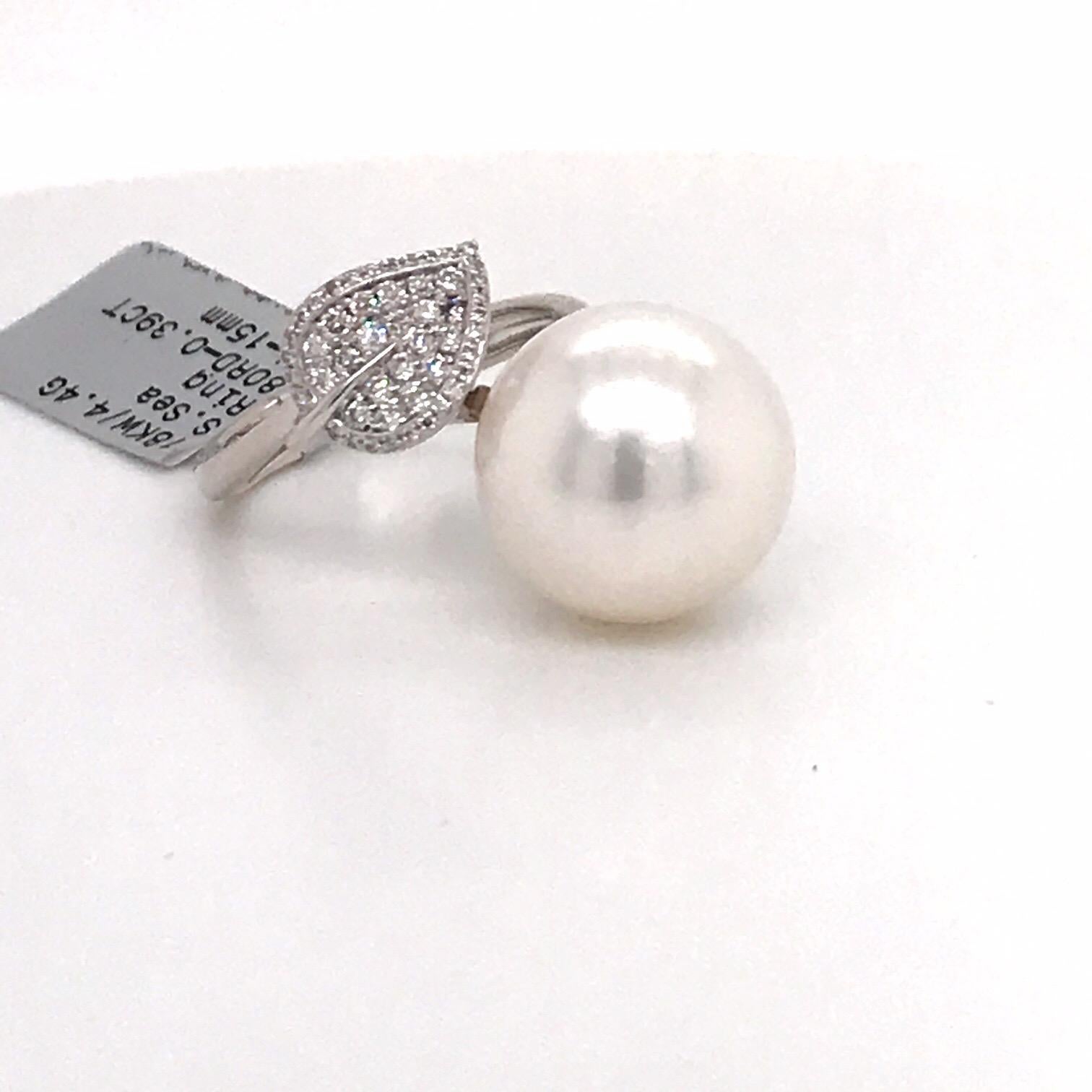 HARBOR D. South Sea Pearl Diamond Leaf Ring 0.39 Carat 18 Karat White Gold For Sale 5