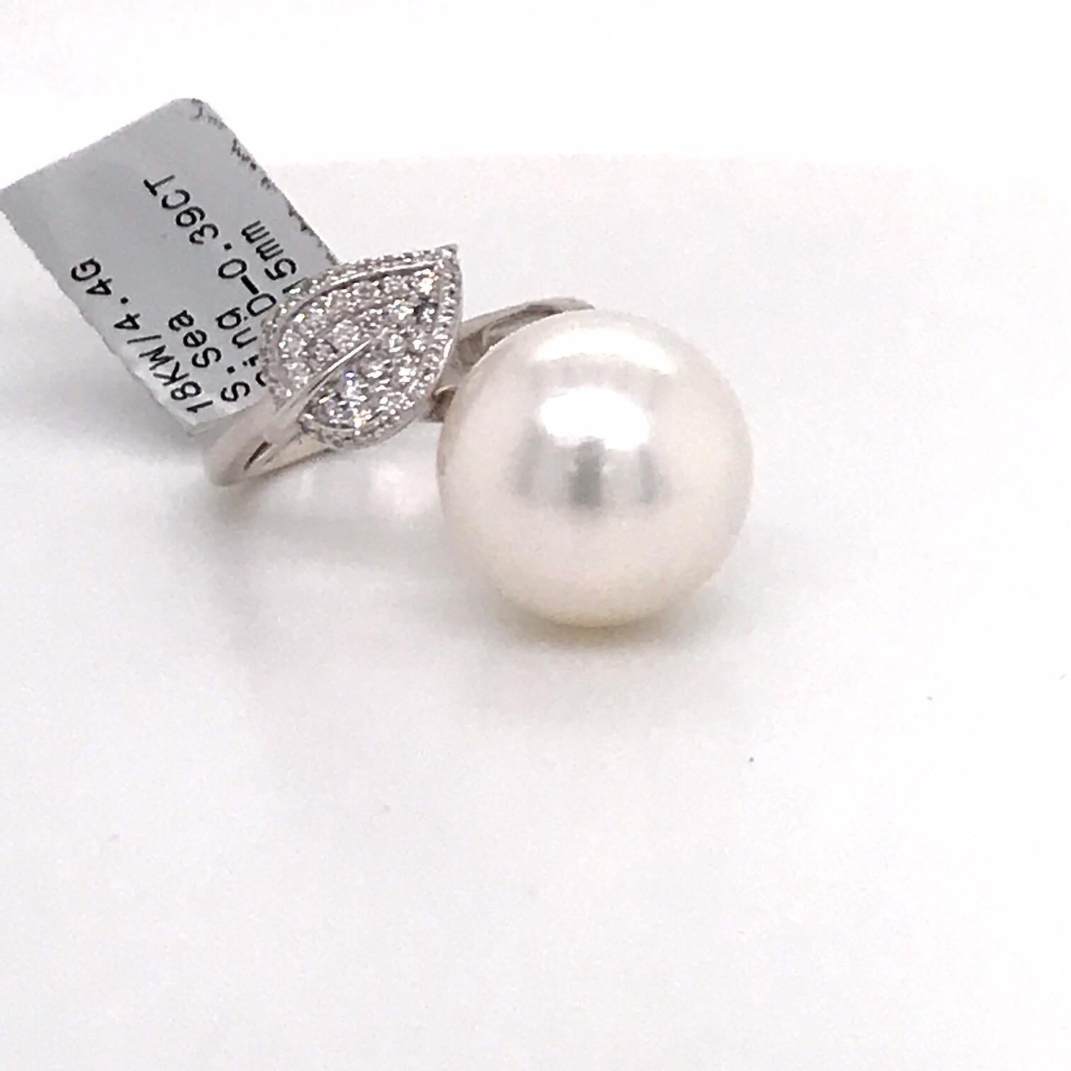 HARBOR D. South Sea Pearl Diamond Leaf Ring 0.39 Carat 18 Karat White Gold For Sale 8