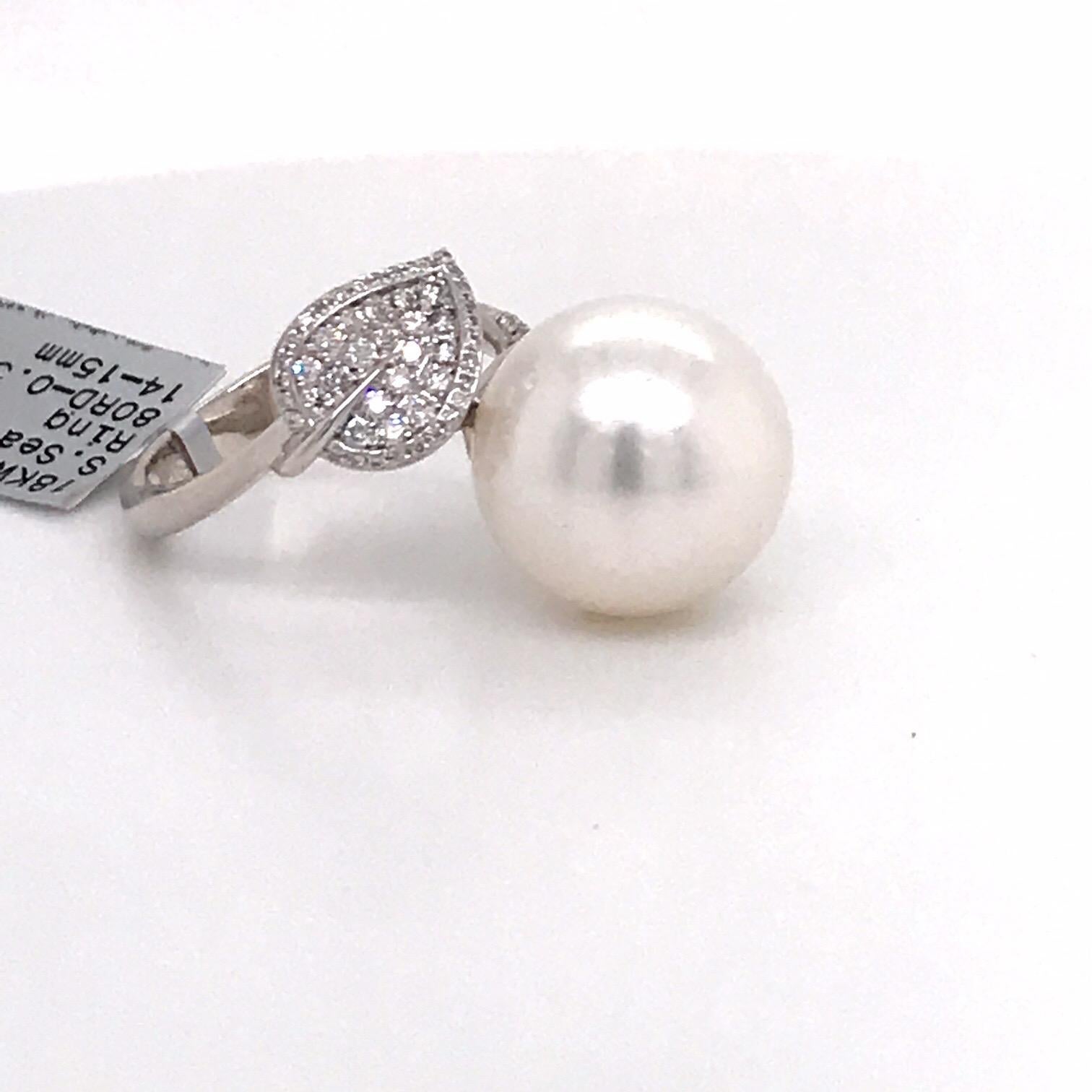 Round Cut HARBOR D. South Sea Pearl Diamond Leaf Ring 0.39 Carat 18 Karat White Gold For Sale