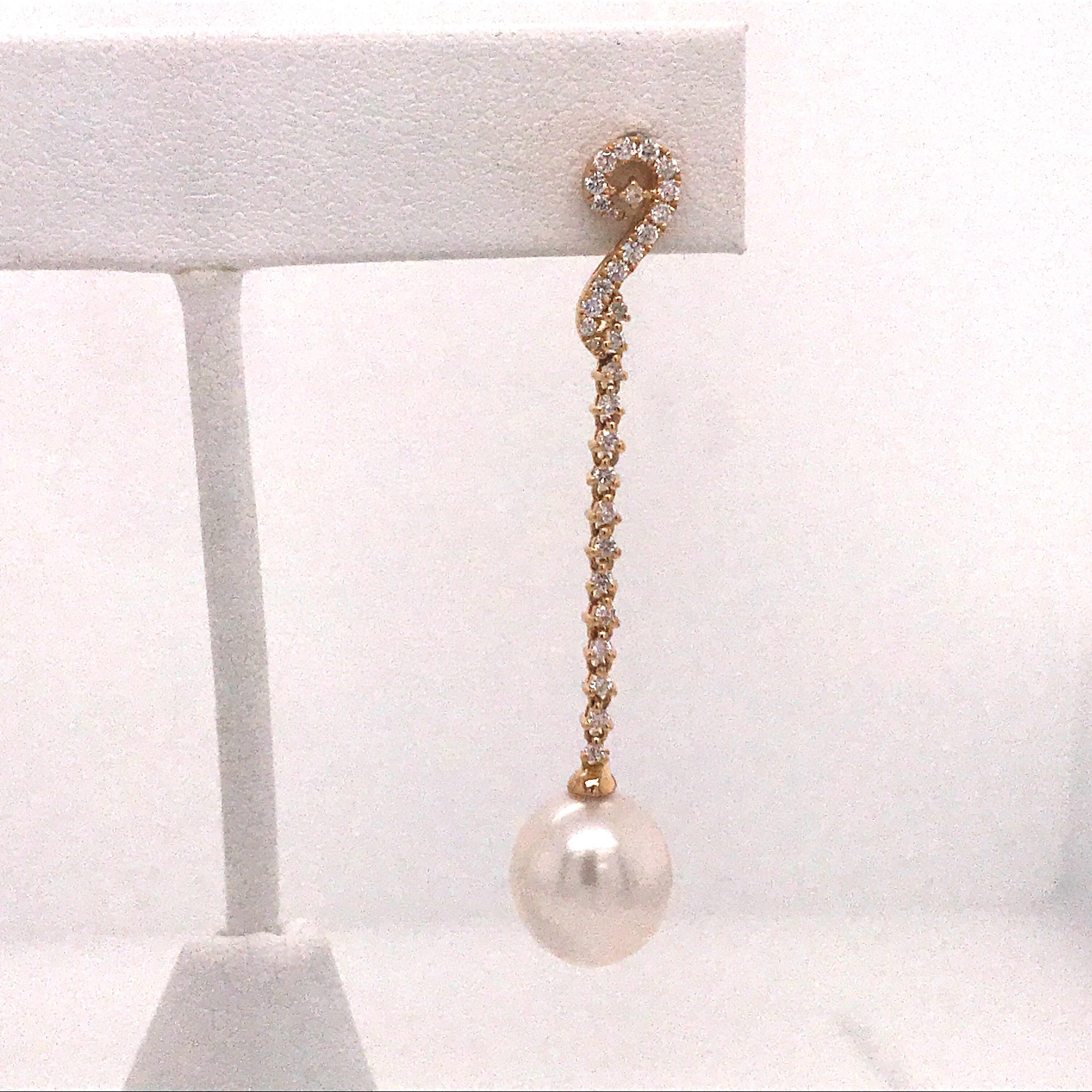 Contemporary South Sea Pearl Diamond Long Drop Earrings 0.52 Carat 18 Karat White Gold For Sale