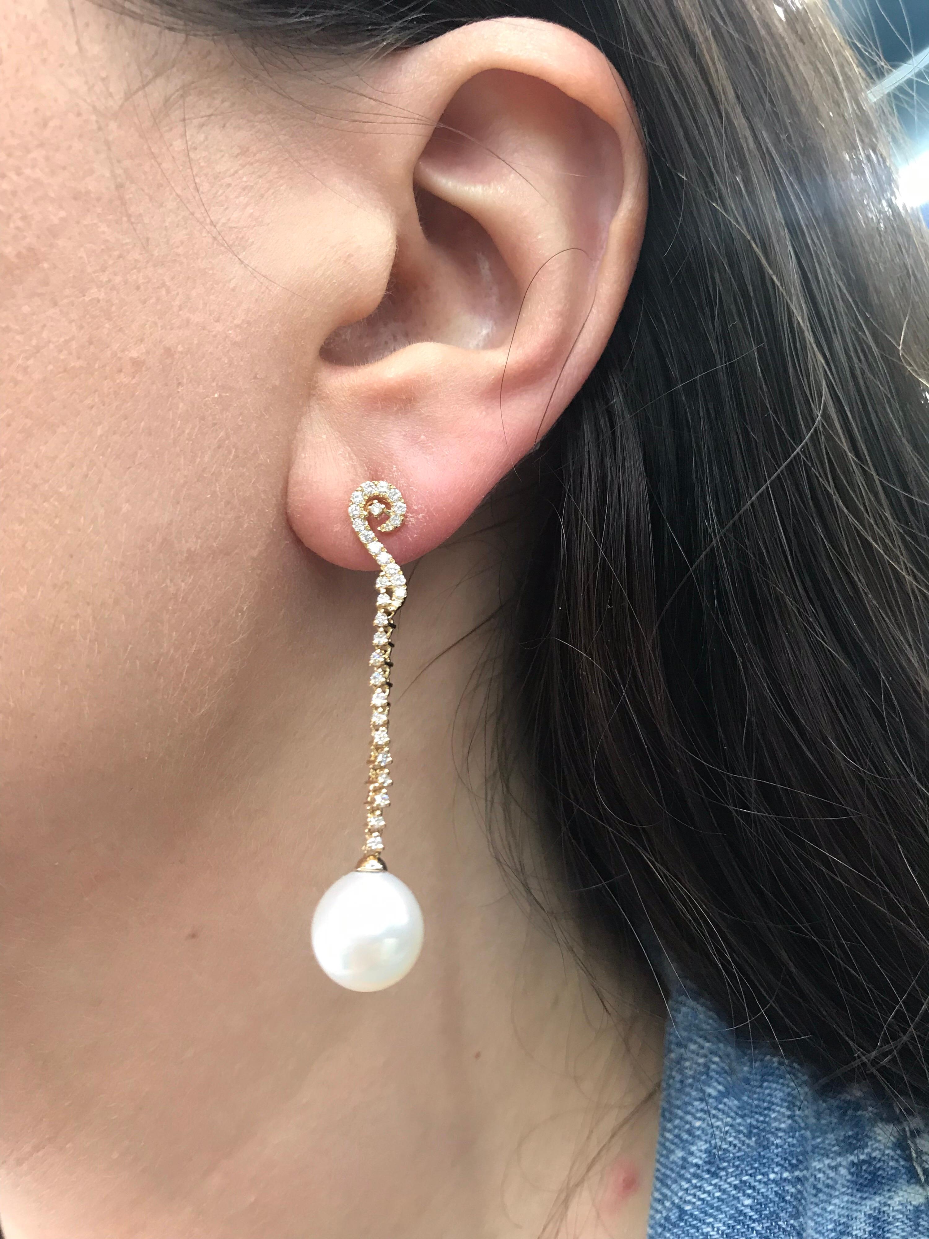 Round Cut South Sea Pearl Diamond Long Drop Earrings 0.52 Carat 18 Karat White Gold For Sale