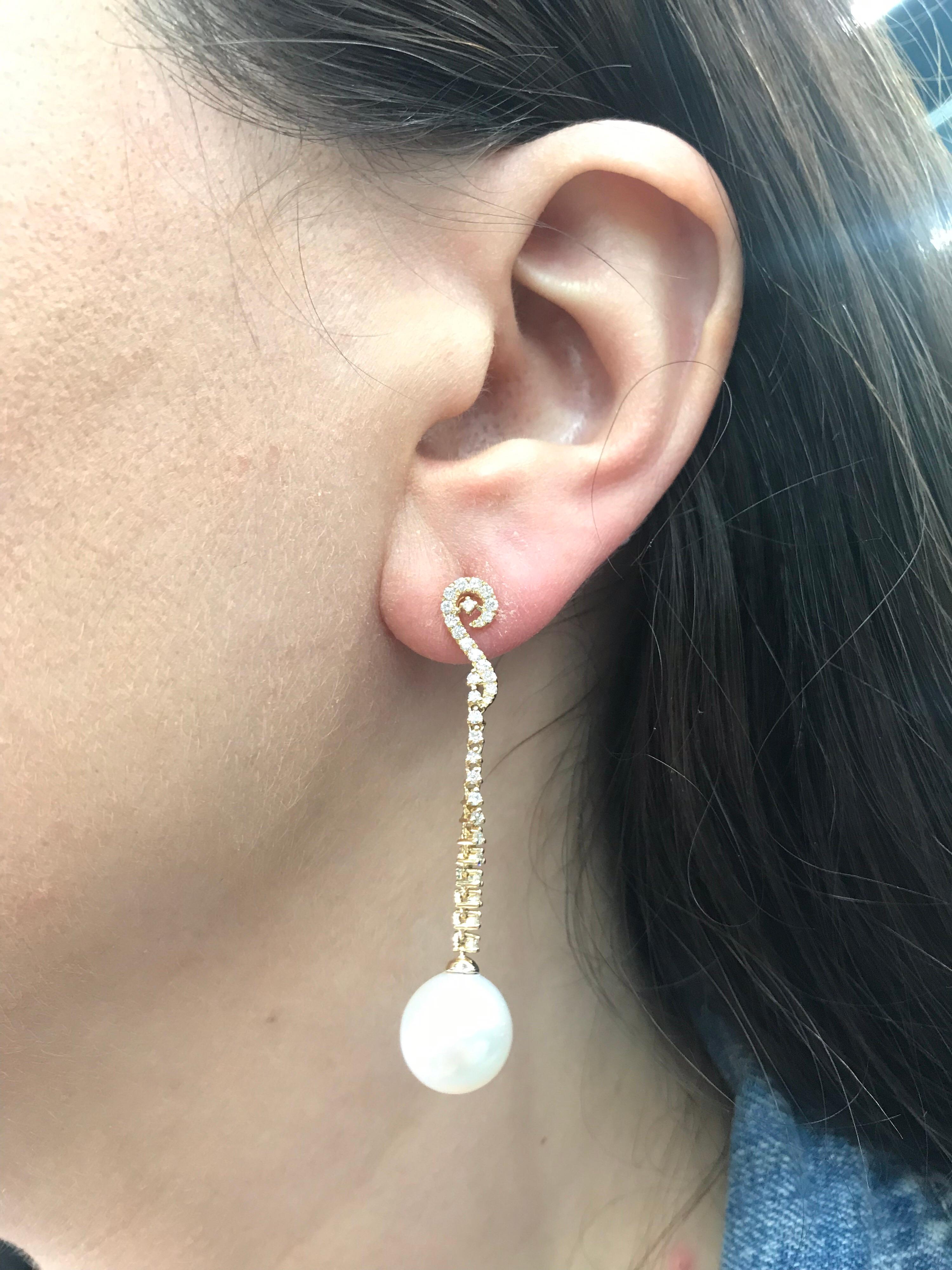 South Sea Pearl Diamond Long Drop Earrings 0.52 Carat 18 Karat White Gold In New Condition For Sale In New York, NY
