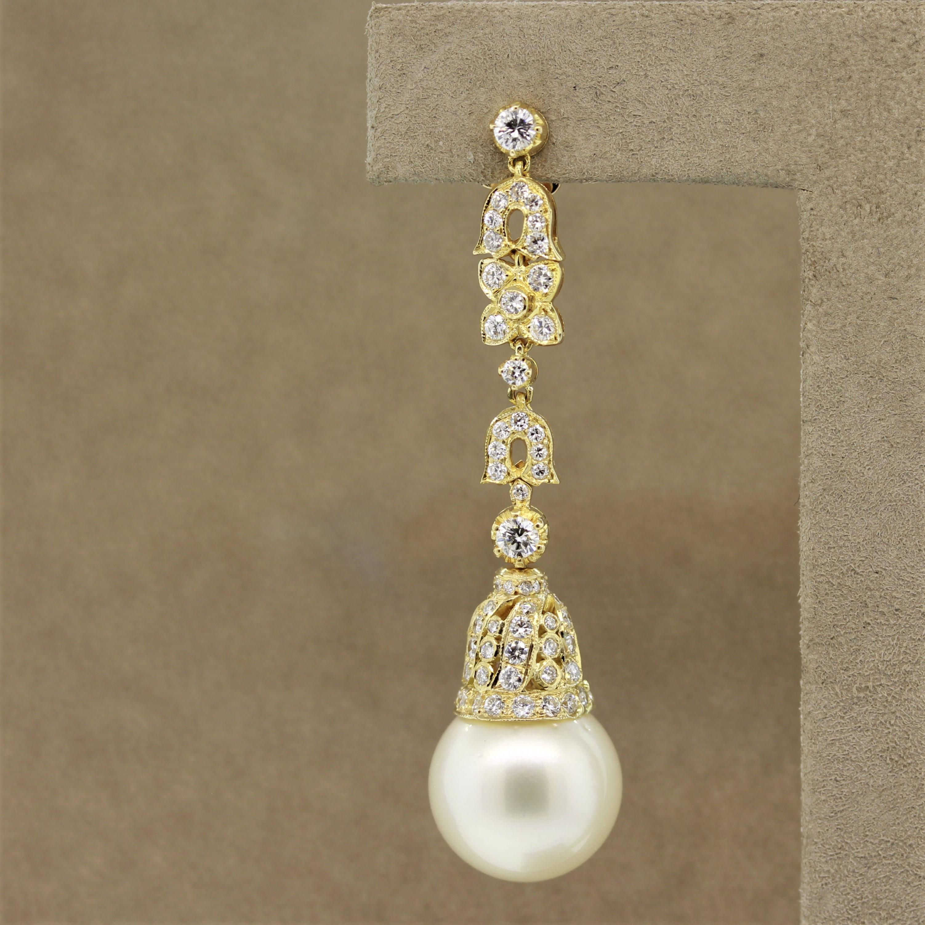 Round Cut South Sea Pearl Diamond Long Gold Drop Earrings For Sale